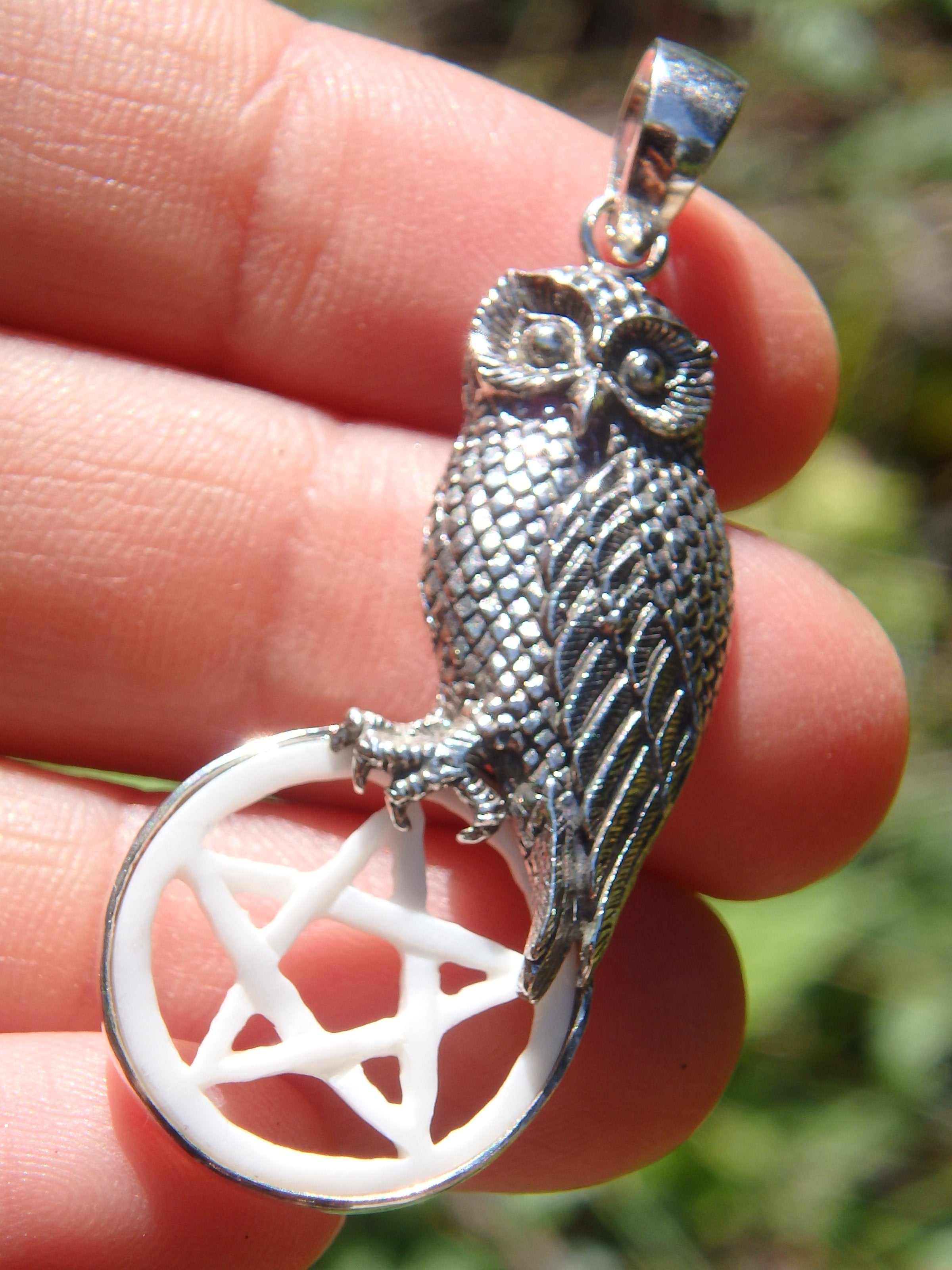 Wise Owl & Bone Pentacle Pendant in Sterling Silver (Includes Silver Chain) - Earth Family Crystals