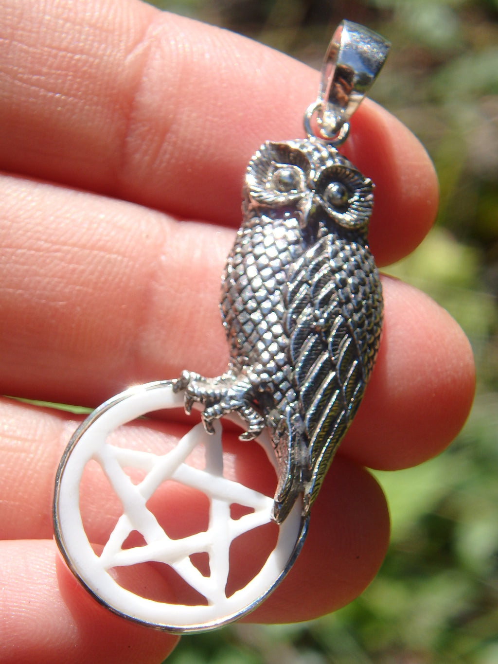 Wise Owl & Bone Pentacle Pendant in Sterling Silver (Includes Silver Chain) - Earth Family Crystals