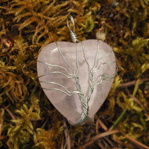 Tree of Life Wire Wrapped Rose Quartz Heart Pendant - Earth Family Crystals