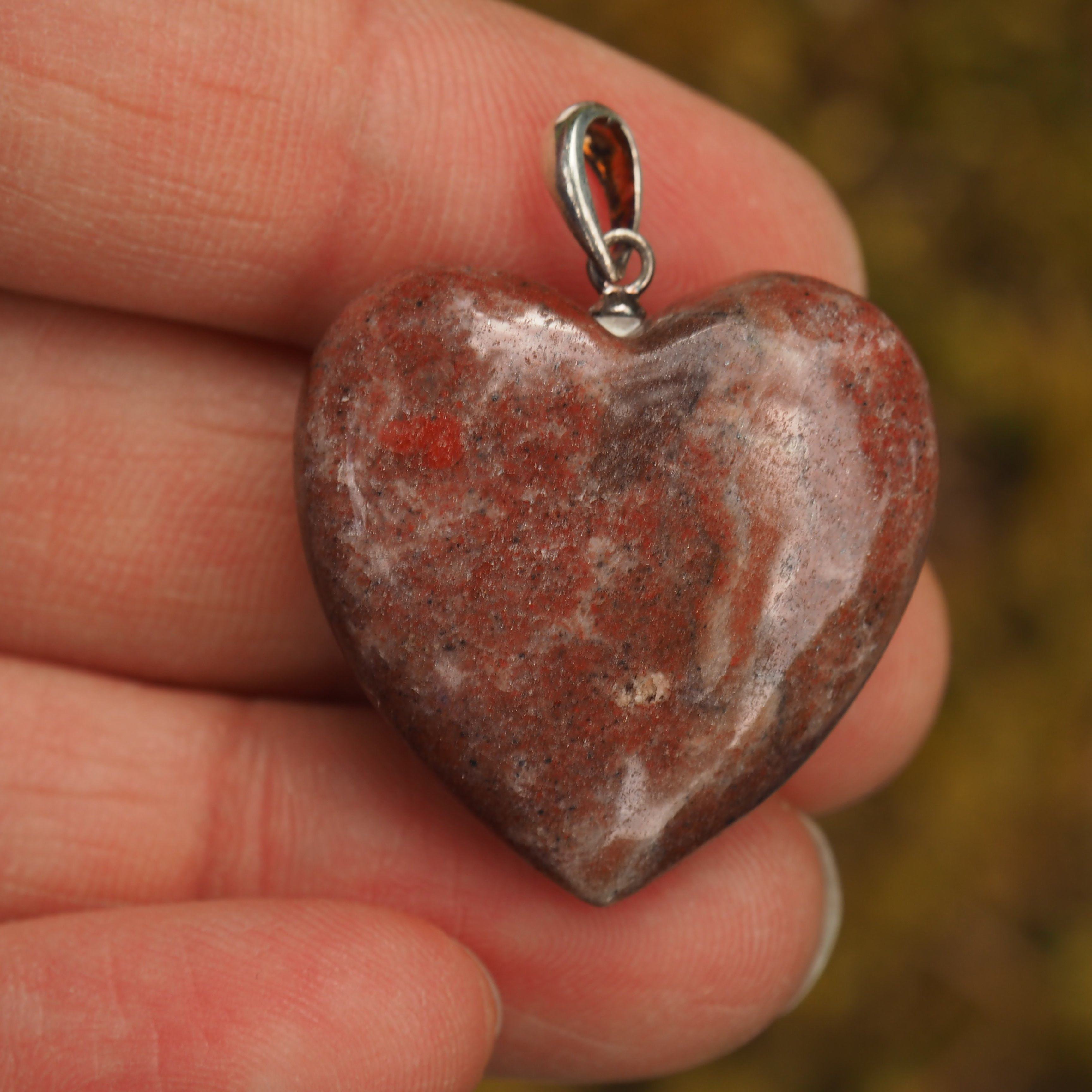 Cranberry Red Greenland Thulite Heart Pendant in Sterling Silver (Includes Silver Chain) - Earth Family Crystals