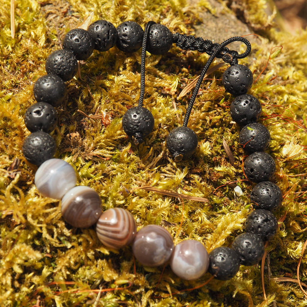 Botswana Agate & Lava Stone Adjustable Cord Bracelet (Ideal for Essential Oils) - Earth Family Crystals