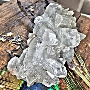 Clear Apophyllite Points Nestled on Clear Quartz Matrix With Pink Stilbite Inclusions - Earth Family Crystals