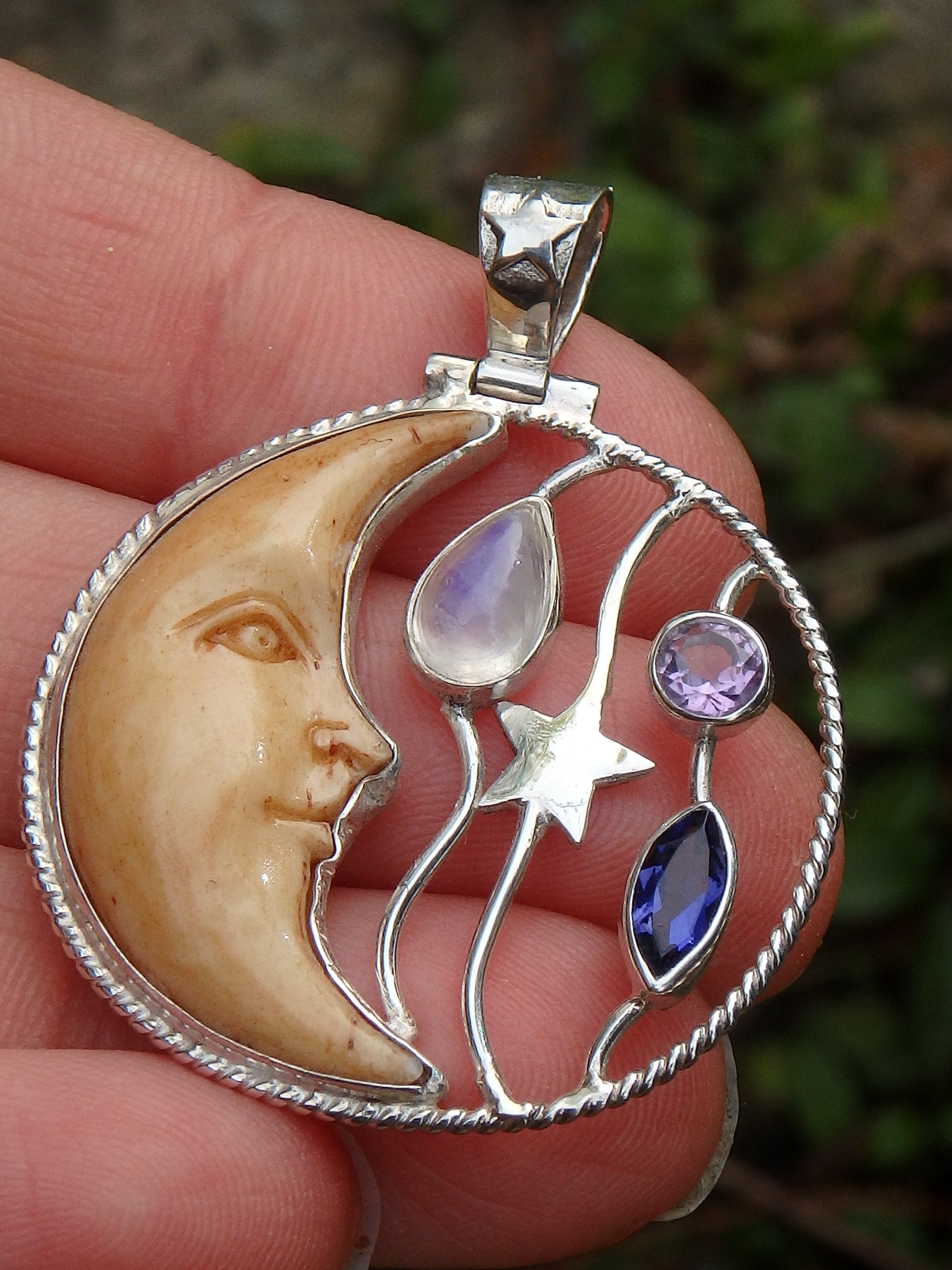 Faceted Amethyst, Iolite & Rainbow Moonstone Crescent Moon Bone Pendant in Sterling Silver (Includes Silver Chain) - Earth Family Crystals