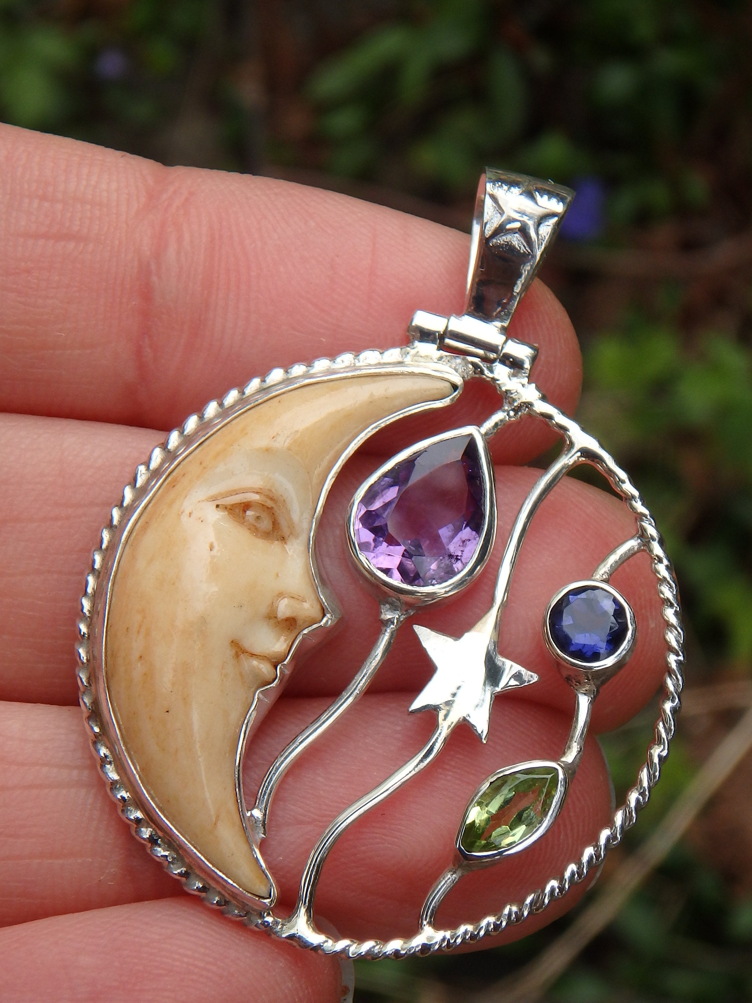 Faceted Amethyst, Iolite & Peridot Crescent Moon Bone Pendant in Sterling Silver (Includes Silver Chain) - Earth Family Crystals