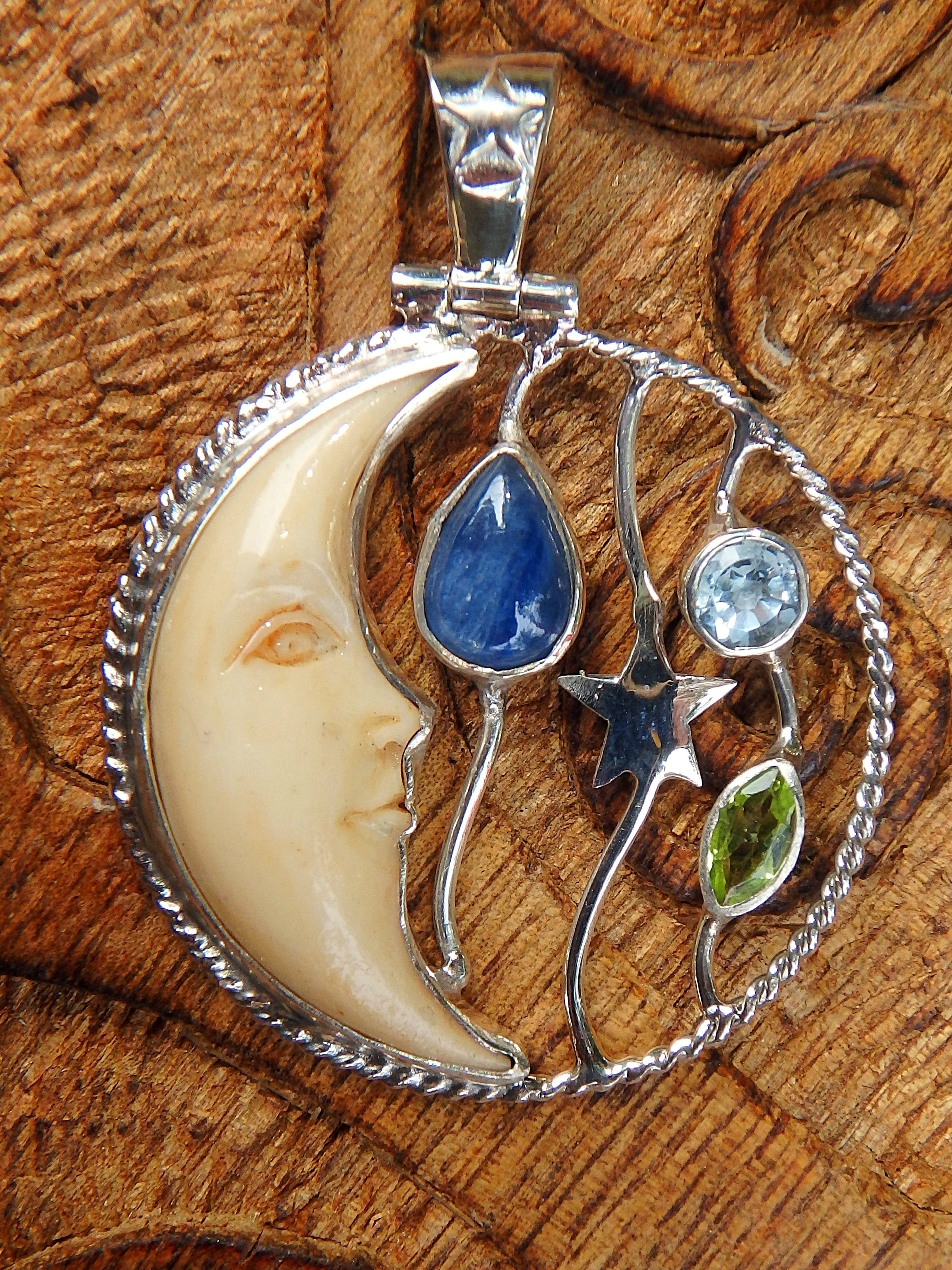 Faceted Blue Topaz, Peridot & Blue Kyanite Crescent Moon Bone Pendant in Sterling Silver (Includes Silver Chain) - Earth Family Crystals