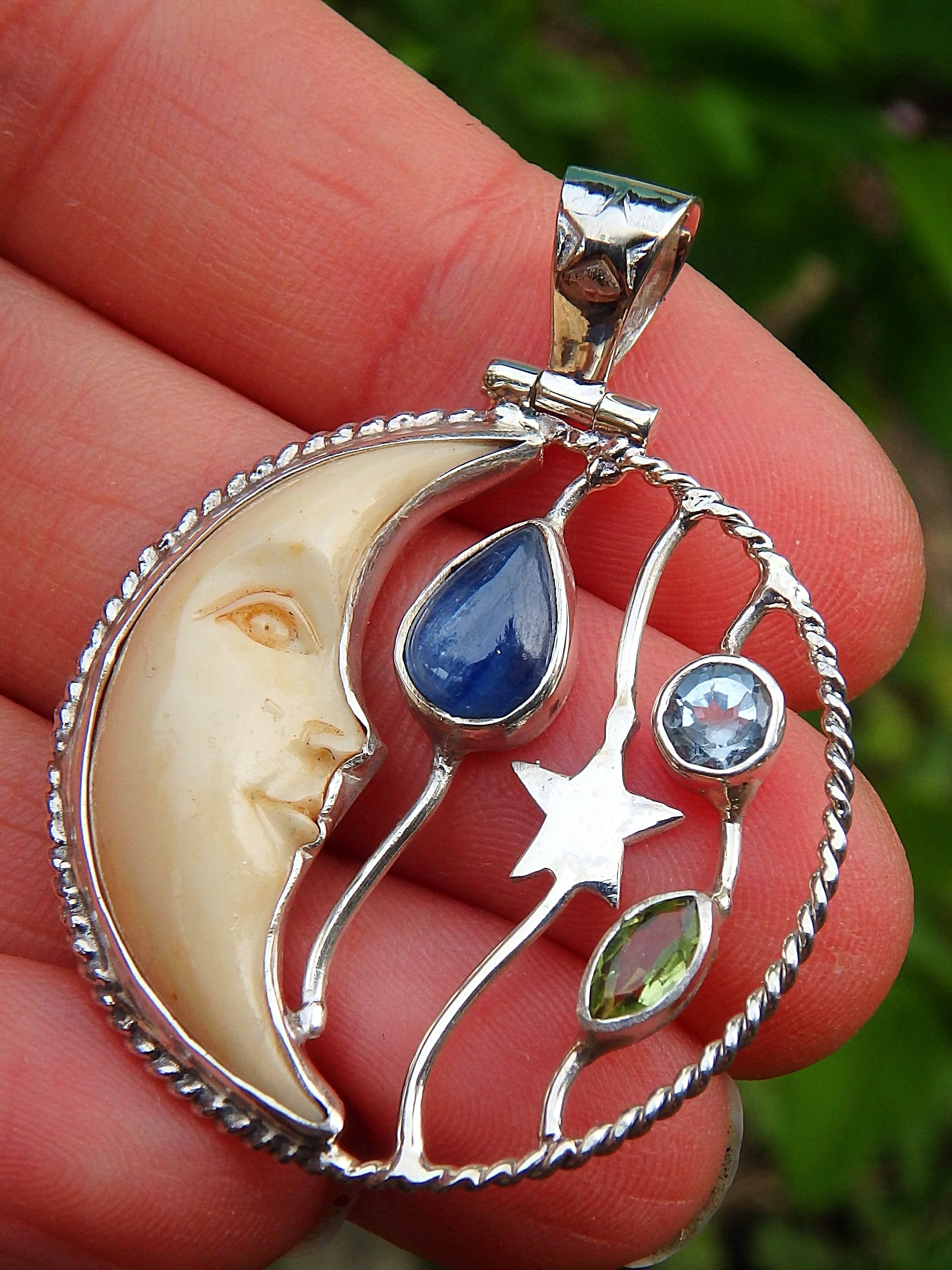 Faceted Blue Topaz, Peridot & Blue Kyanite Crescent Moon Bone Pendant in Sterling Silver (Includes Silver Chain) - Earth Family Crystals