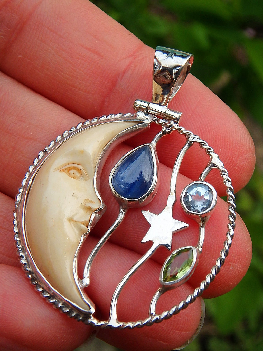 Faceted Blue Topaz, Peridot & Blue Kyanite Crescent Moon Bone Pendant in Sterling Silver (Includes Silver Chain) - Earth Family Crystals