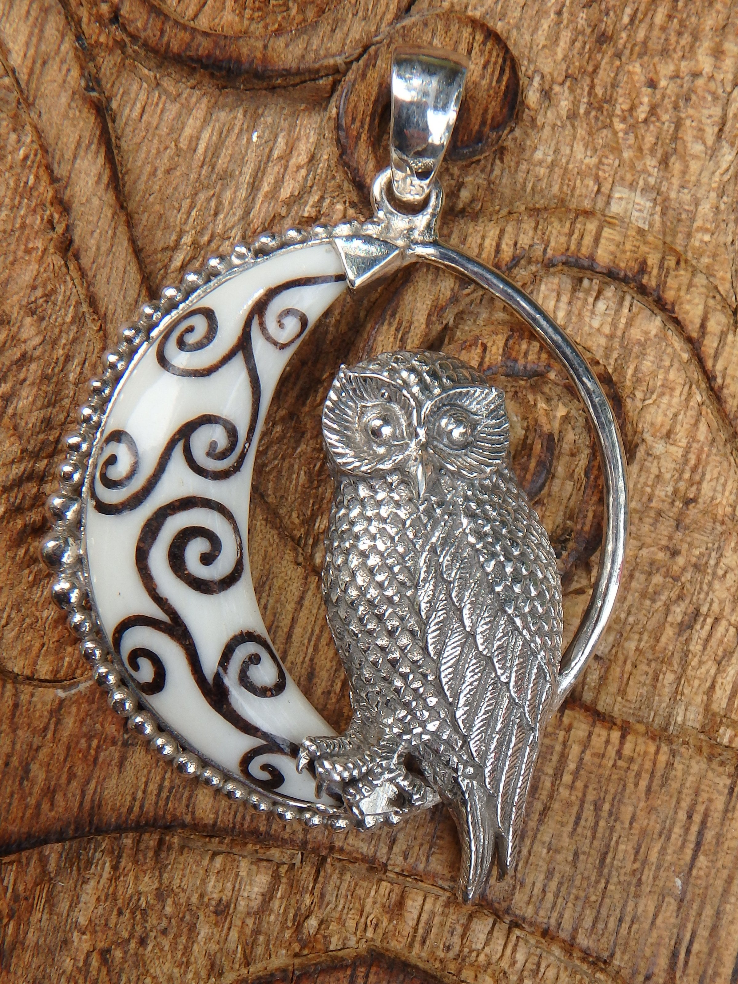 Wise Owl & Crescent Moon Bone Pendant in Sterling Silver (Includes Silver Chain) - Earth Family Crystals