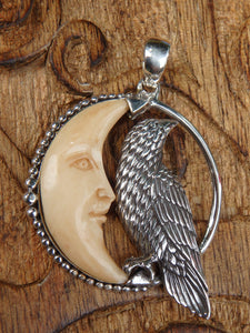 Raven & Crescent Moon Bone Pendant in Sterling Silver (Includes Silver Chain) - Earth Family Crystals