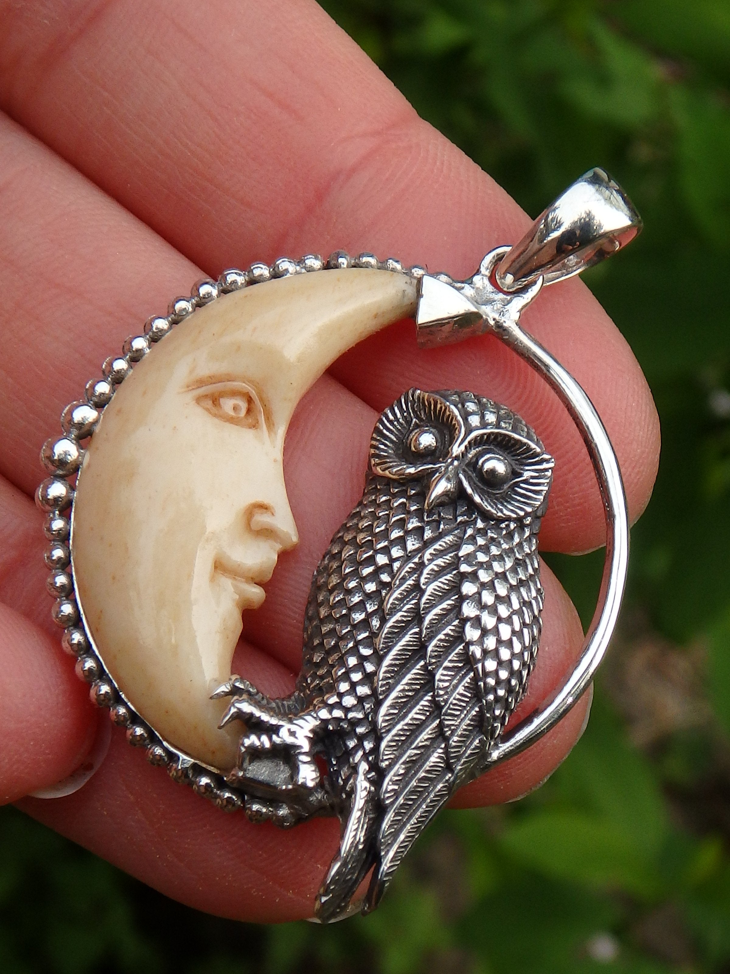 Owl & Crescent Moon Bone Pendant in Sterling Silver (Includes Silver Chain) - Earth Family Crystals