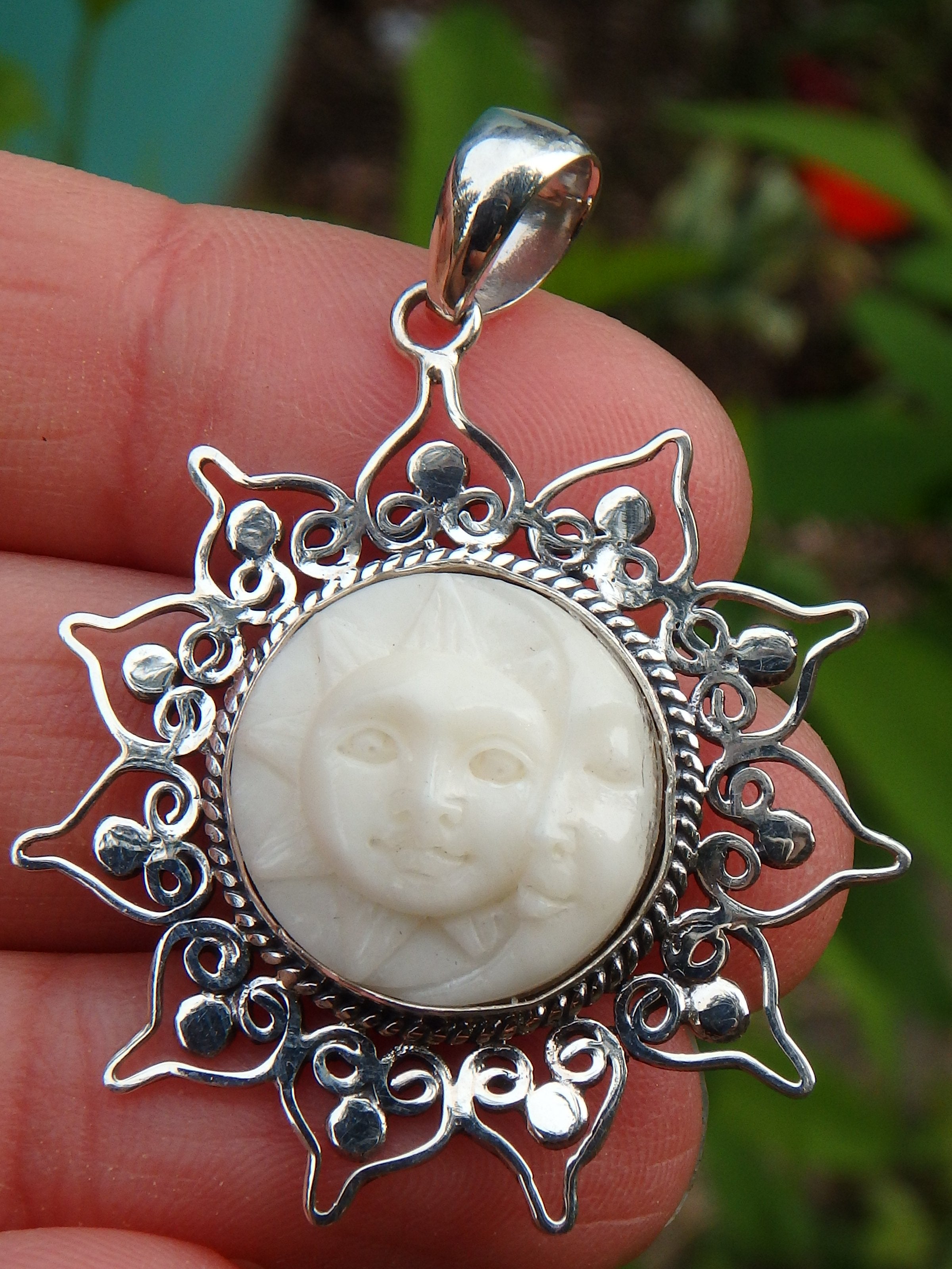 White Moon & Sun Bone Face Pendant in Sterling Silver (Includes Silver Chain) - Earth Family Crystals