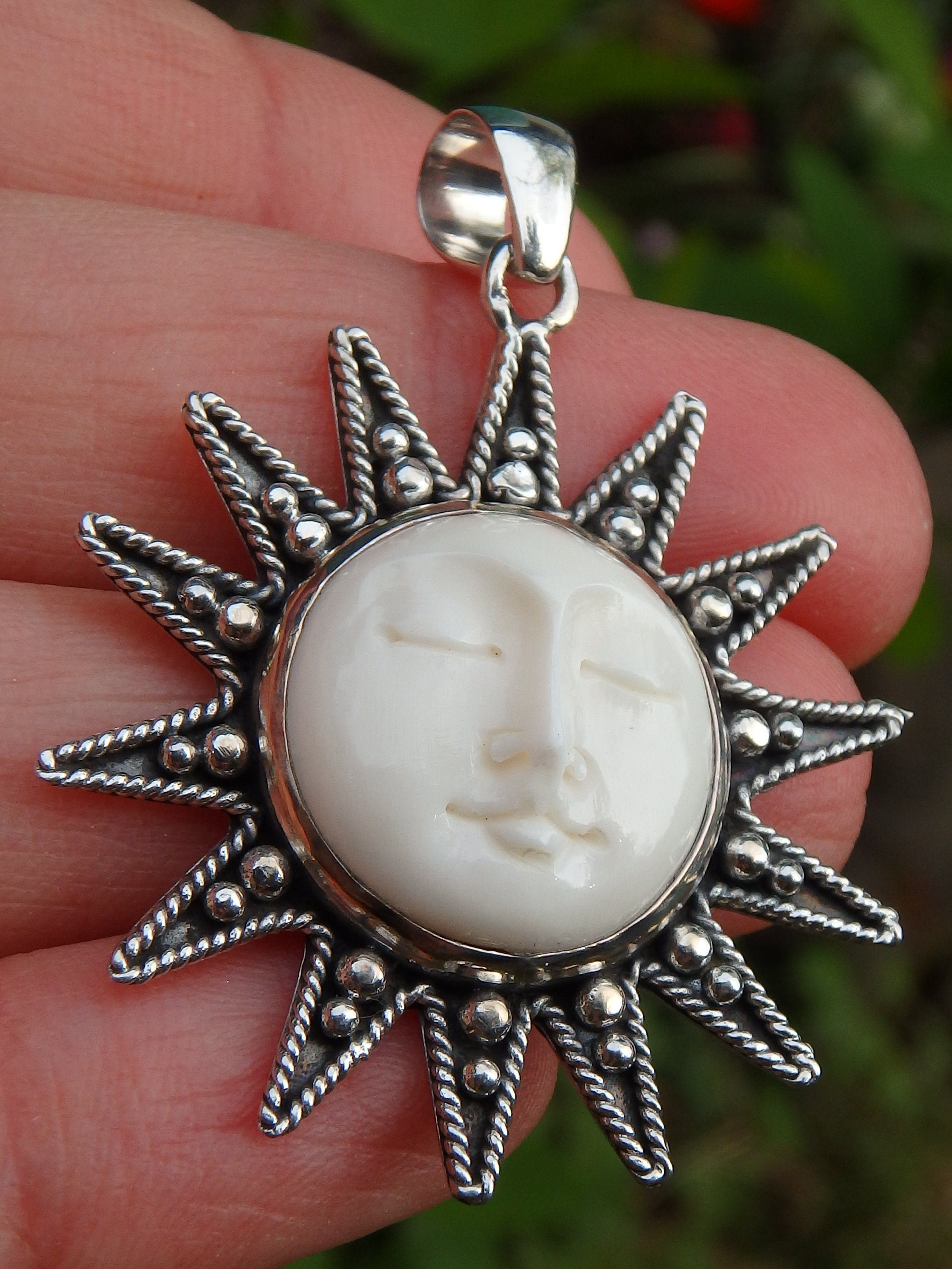 Sleeping Sun Bone Face Pendant in Sterling Silver (Includes Silver Chain) - Earth Family Crystals