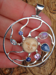 Rainbow Moonstone, Kyanite, Amethyst, Lapis Lazuli, Blue Topaz & Iolite Bone Face Pendant in Sterling Silver (Includes Silver Chain) - Earth Family Crystals