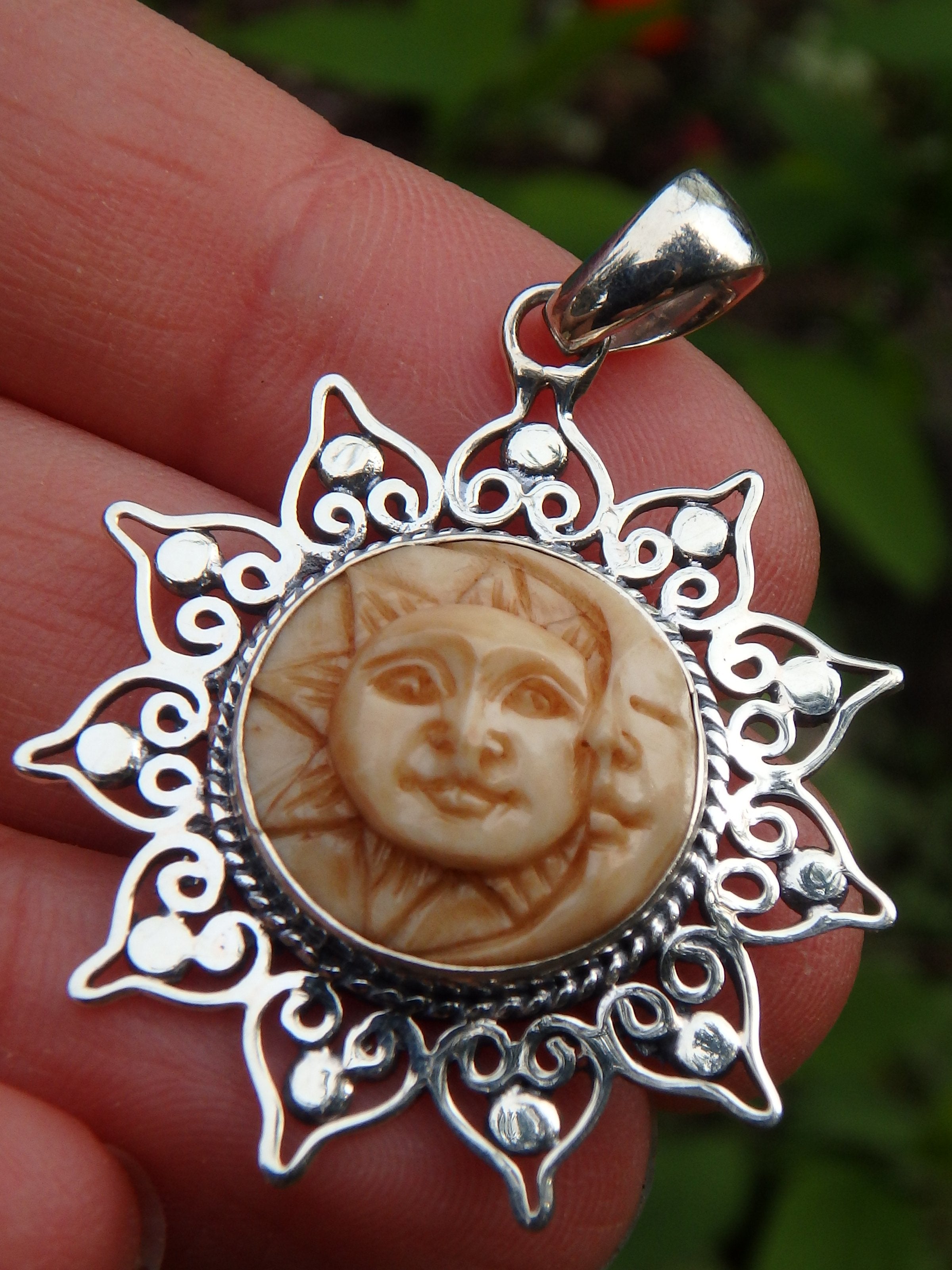 Golden Moon & Sun Bone Face Pendant in Sterling Silver (Includes Silver Chain) - Earth Family Crystals