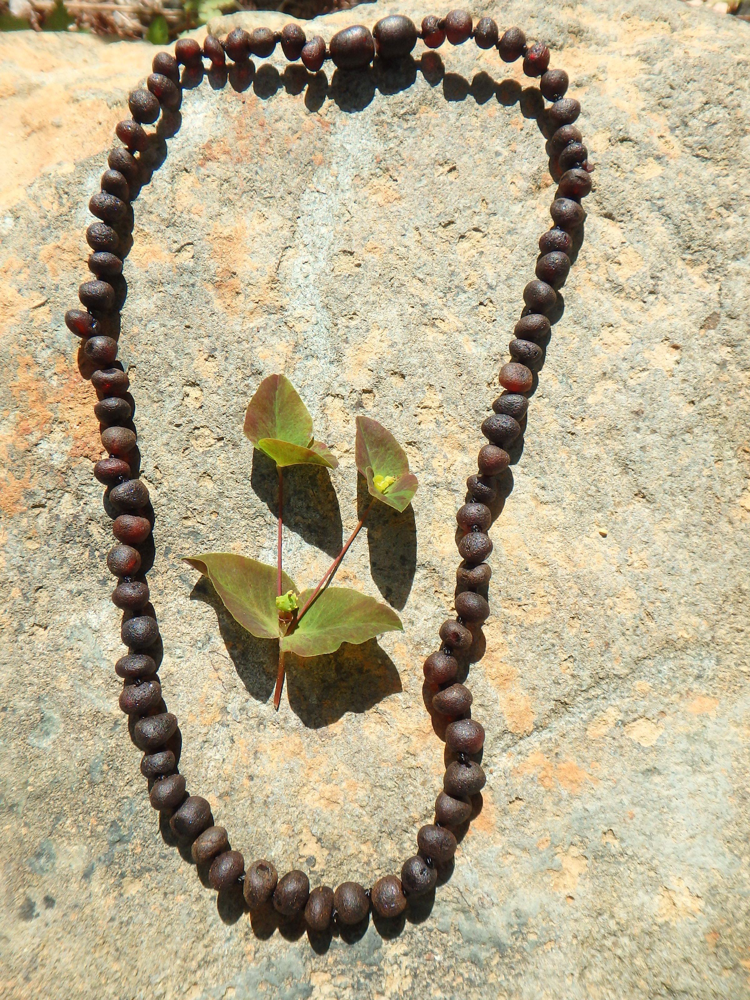 Deep Burgundy Unpolished Lithuanian Baltic Amber Adult Necklace With Rounded Beads - Earth Family Crystals