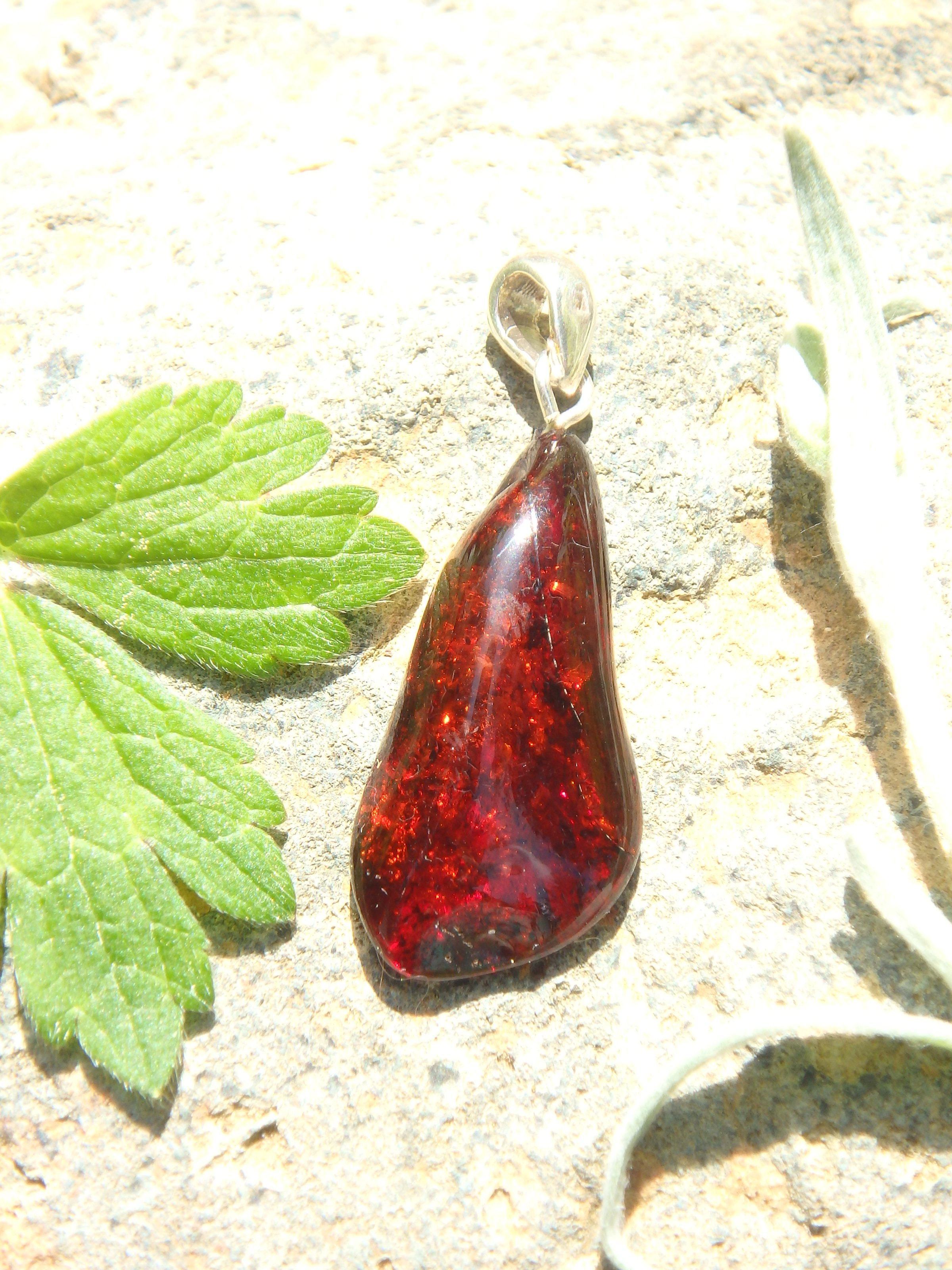Dark Cherry Lithuanian Baltic Amber Pendant in Sterling Silver ( Includes Silver Chain)