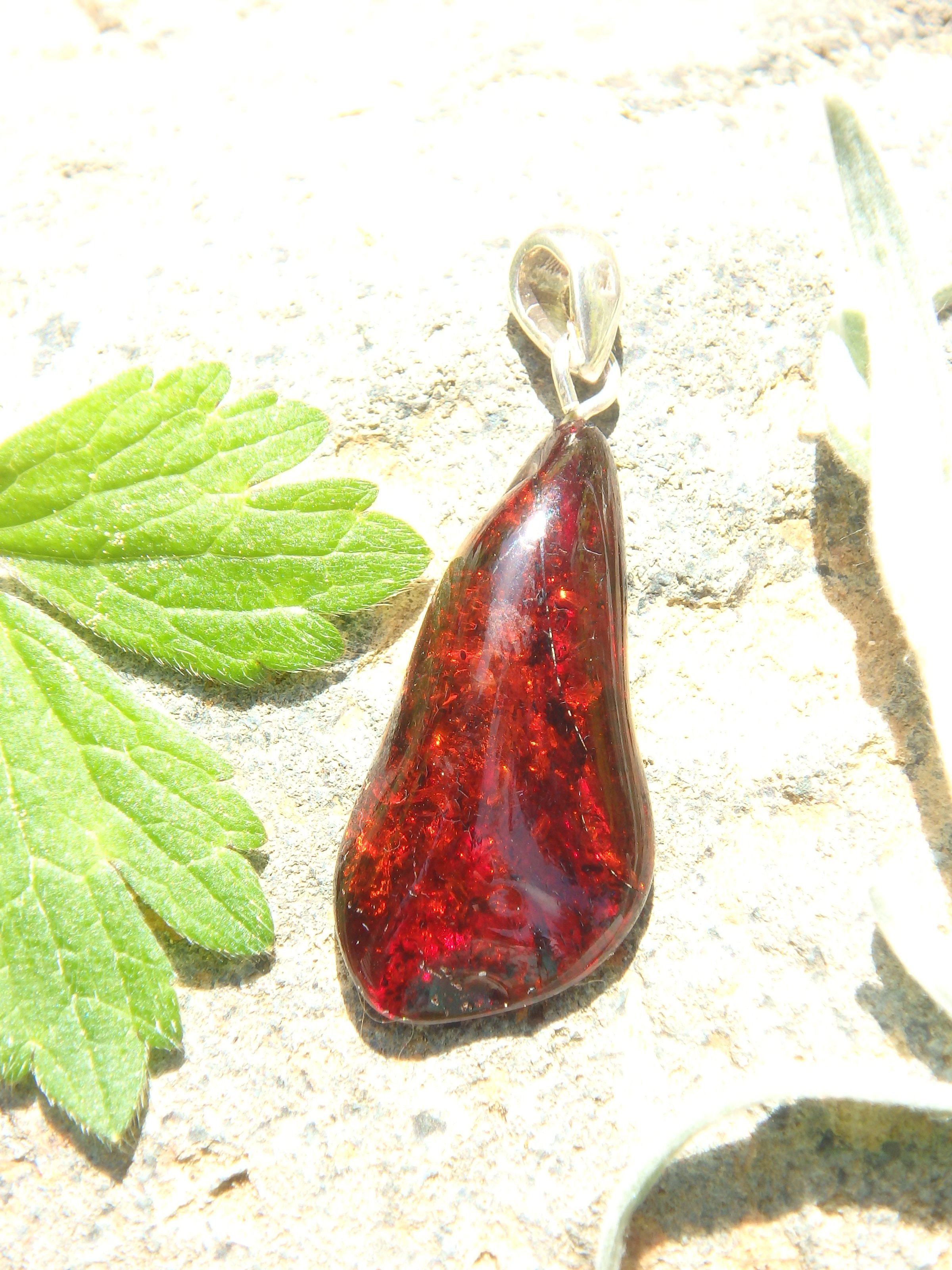 Dark Cherry Lithuanian Baltic Amber Pendant in Sterling Silver ( Includes Silver Chain)