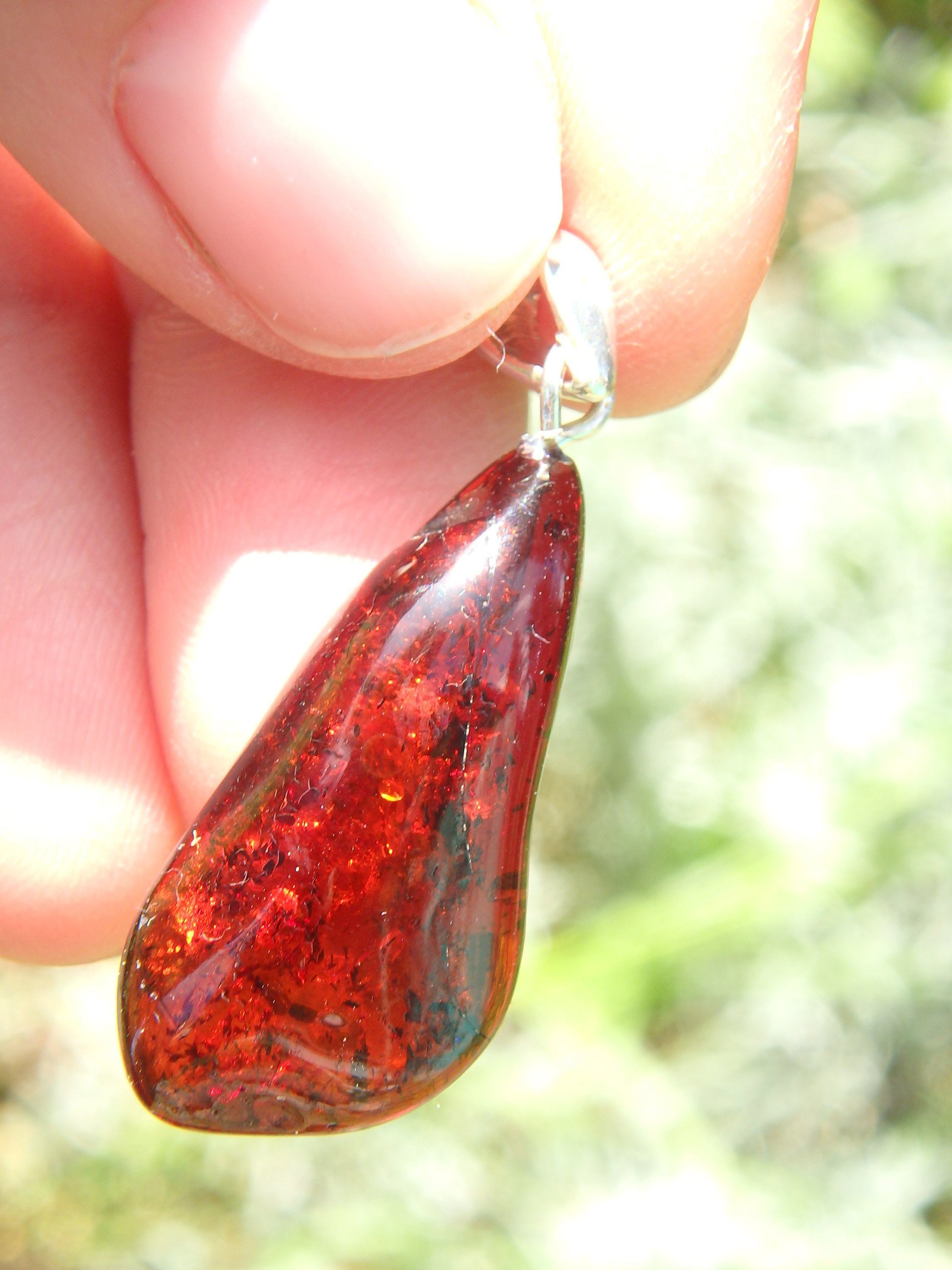 Dark Cherry Lithuanian Baltic Amber Pendant in Sterling Silver ( Includes Silver Chain)