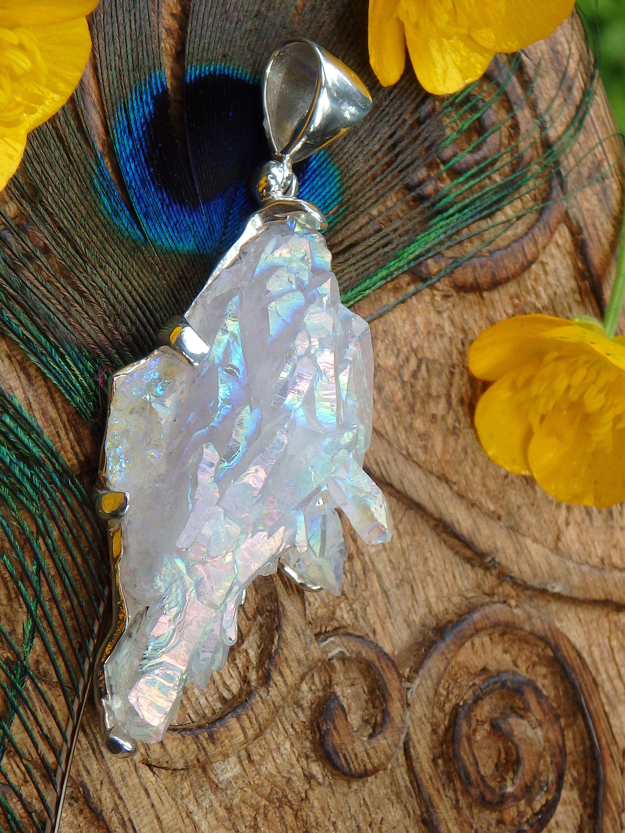 Rainbow Sheen Angel Aura Elestial Cluster Sterling Silver Pendant (Includes Silver Chain) - Earth Family Crystals