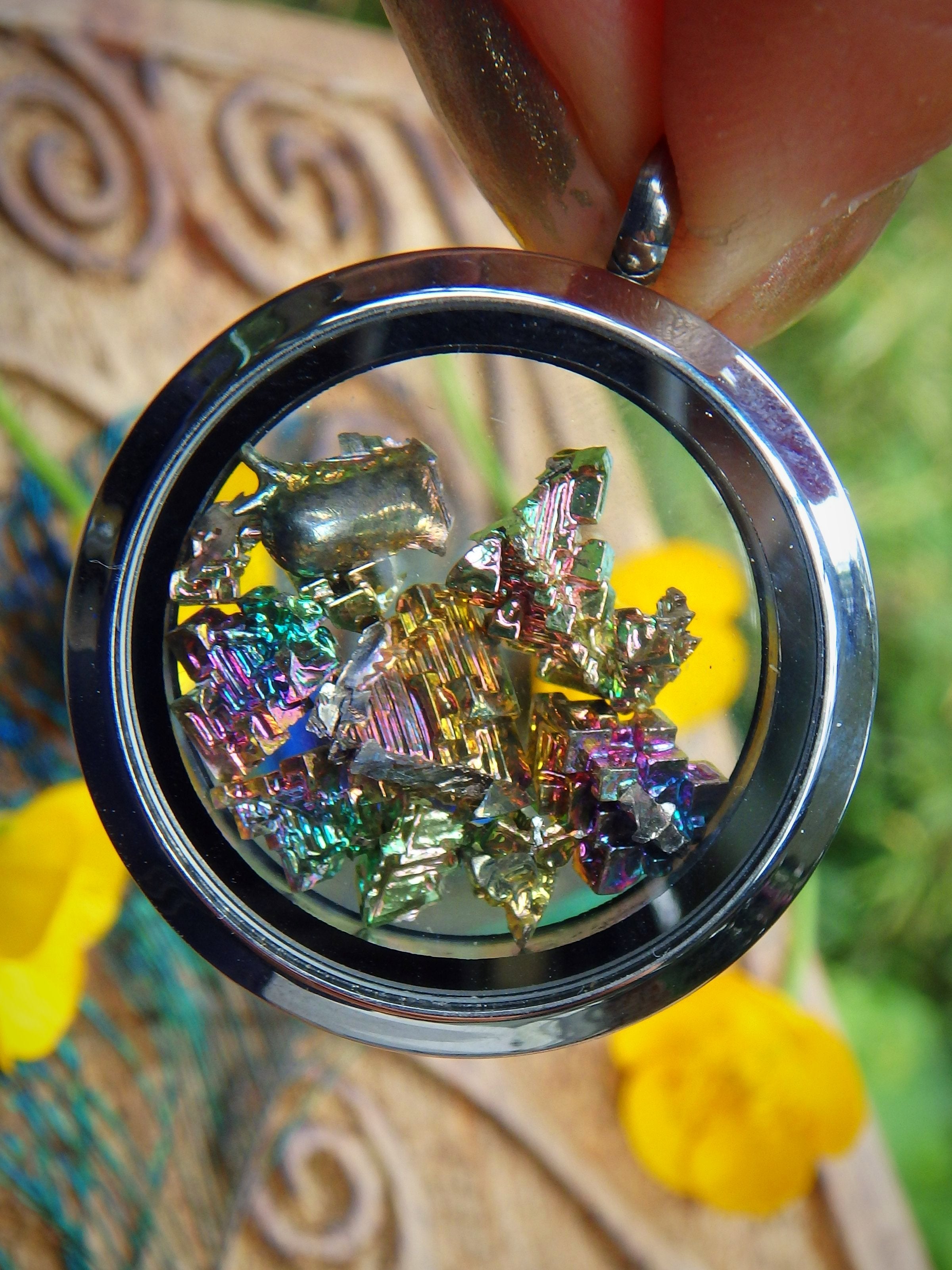 Rainbow Bismuth Floating in Locket Style Stainless Steel Pendant (Includes Silver Chain)