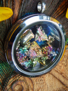 Rainbow Bismuth Floating in Locket Style Stainless Steel Pendant (Includes Silver Chain)