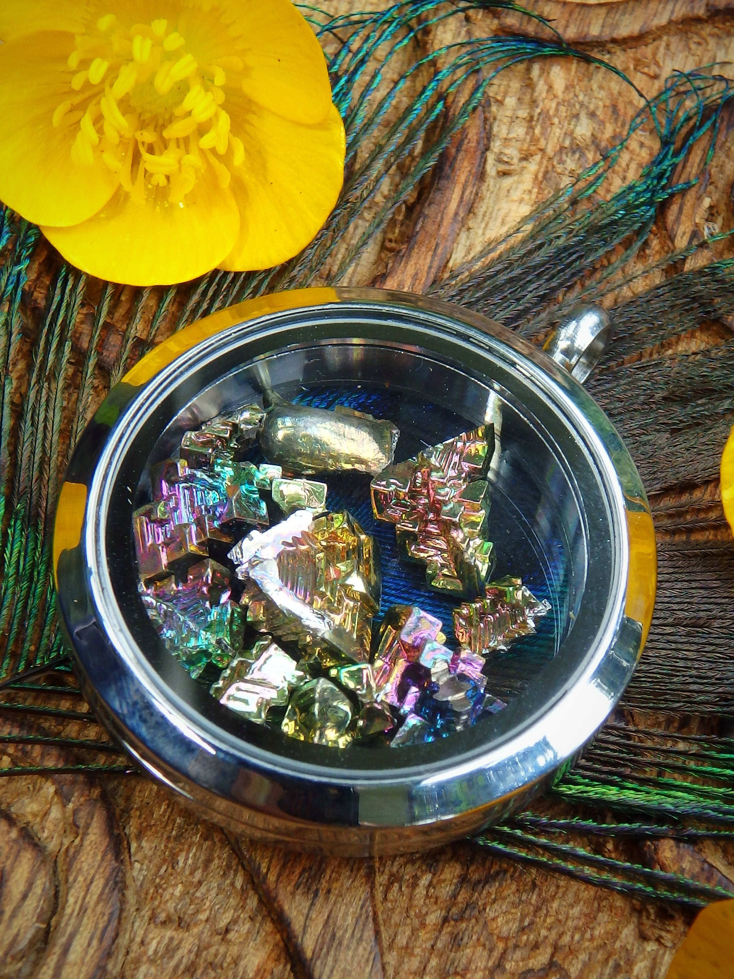 Rainbow Bismuth Floating in Locket Style Stainless Steel Pendant (Includes Silver Chain)