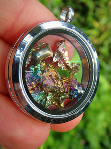 Rainbow Bismuth Floating in Locket Style Stainless Steel Pendant (Includes Silver Chain)