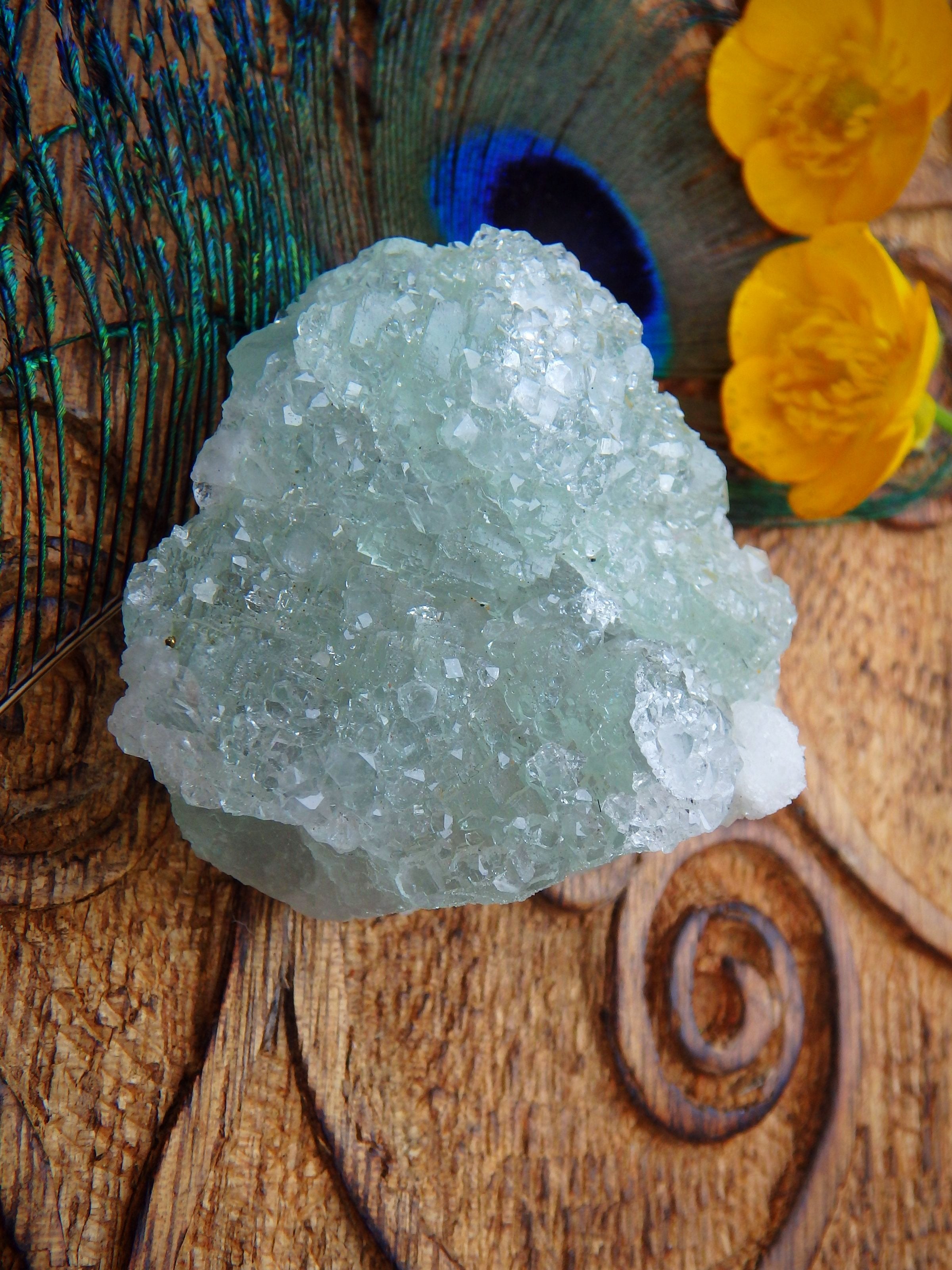 Shimmering Quartz Druzy Crusted Green Fluorite Natural Specimen