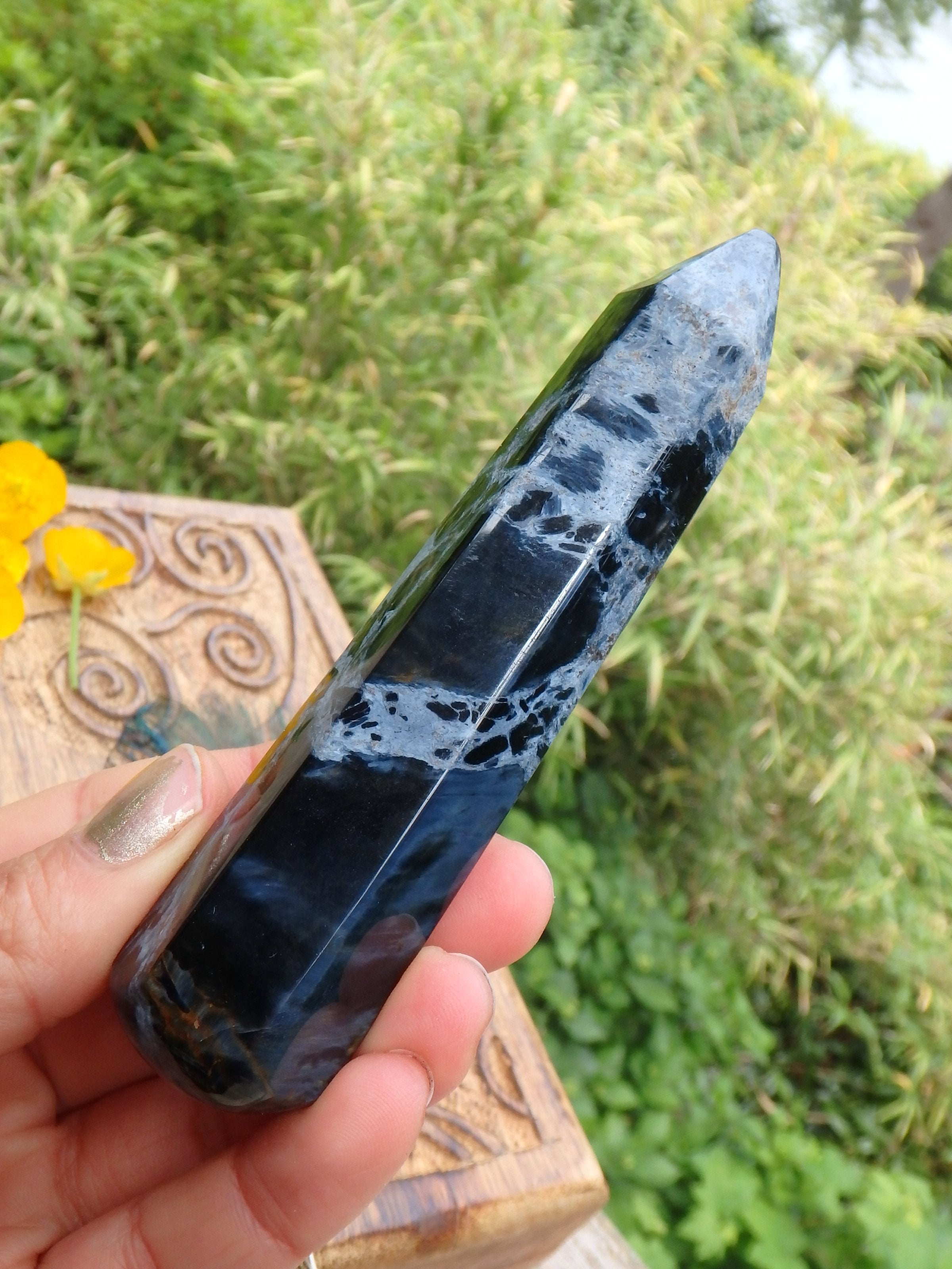 Silk & Satin Blue Flash Long Pietersite Wand Carving