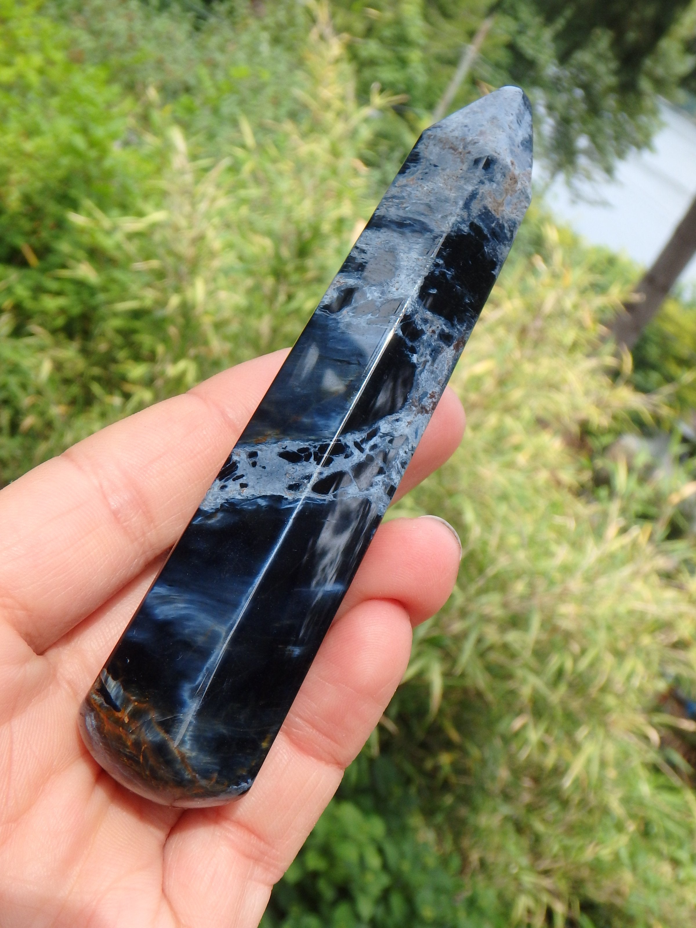 Silk & Satin Blue Flash Long Pietersite Wand Carving