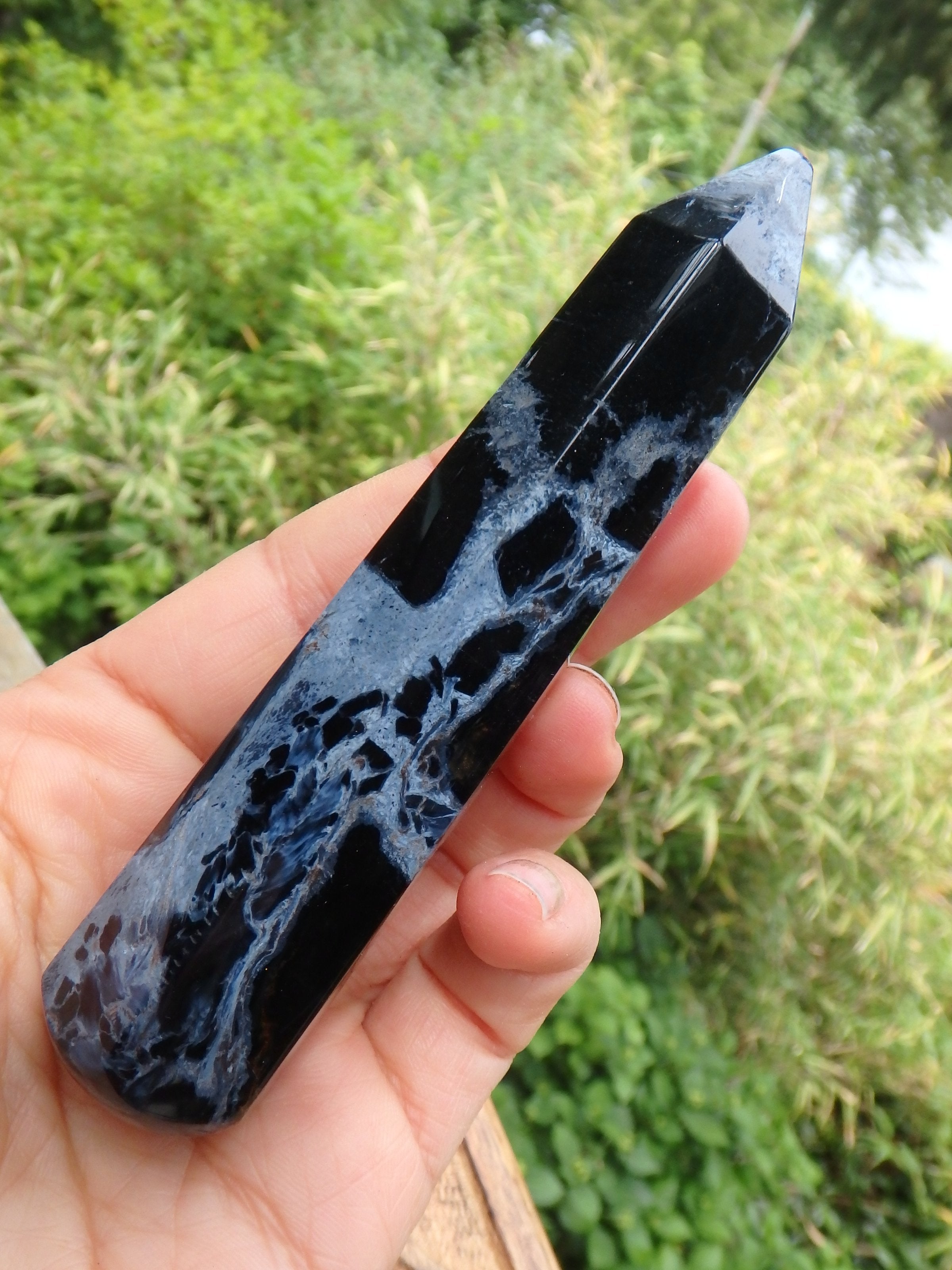 Silk & Satin Blue Flash Long Pietersite Wand Carving