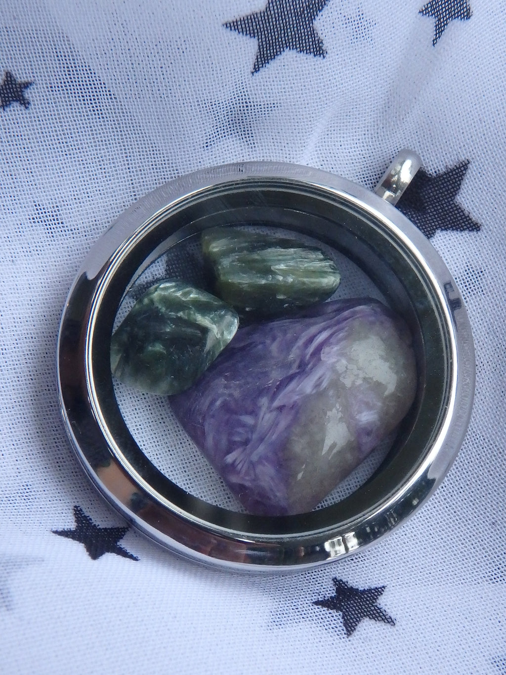 Floating Charoite & Seraphinite Stones Locket Style Stainless Steel Pendant (Includes Silver Chain) - Earth Family Crystals