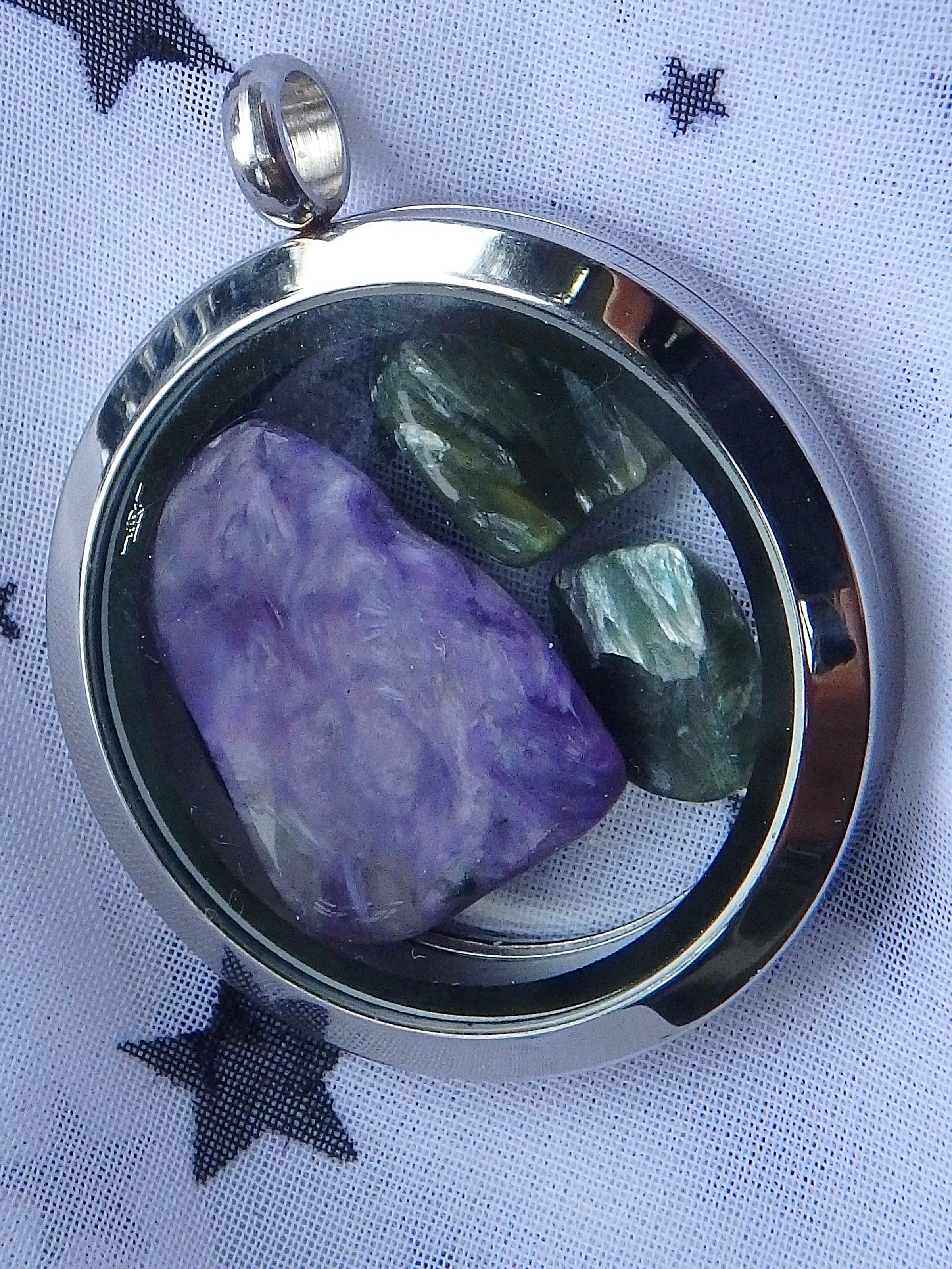 Floating Charoite & Seraphinite Stones Locket Style Stainless Steel Pendant (Includes Silver Chain) - Earth Family Crystals