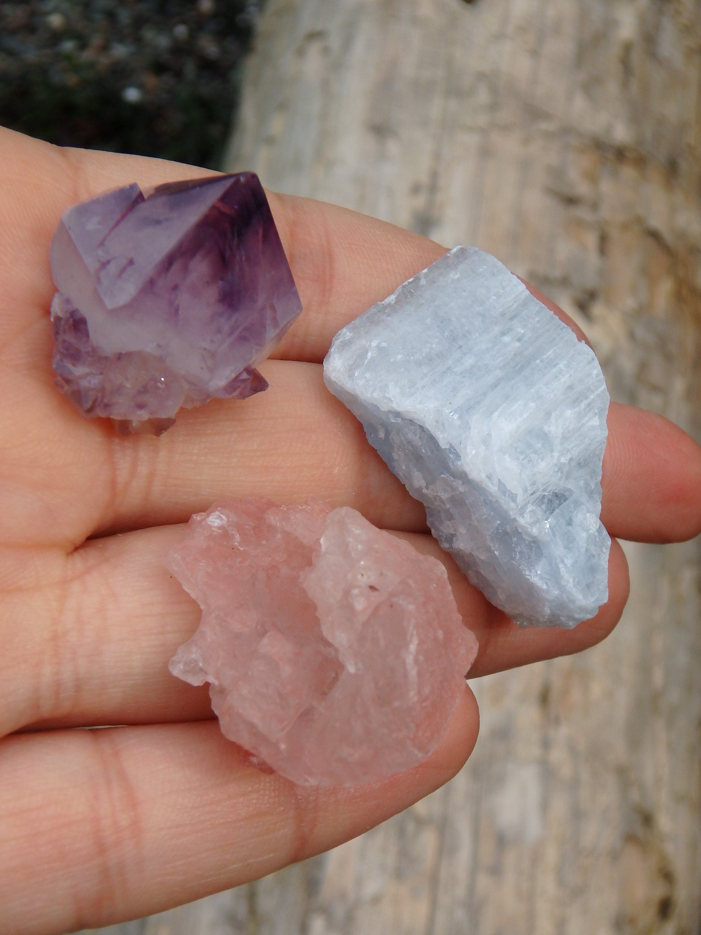 Crystal Set~Sweet Blue Ohio Celestite, Amethyst Star Point & Pink Nirvana Quartz Hand Held Stones - Earth Family Crystals