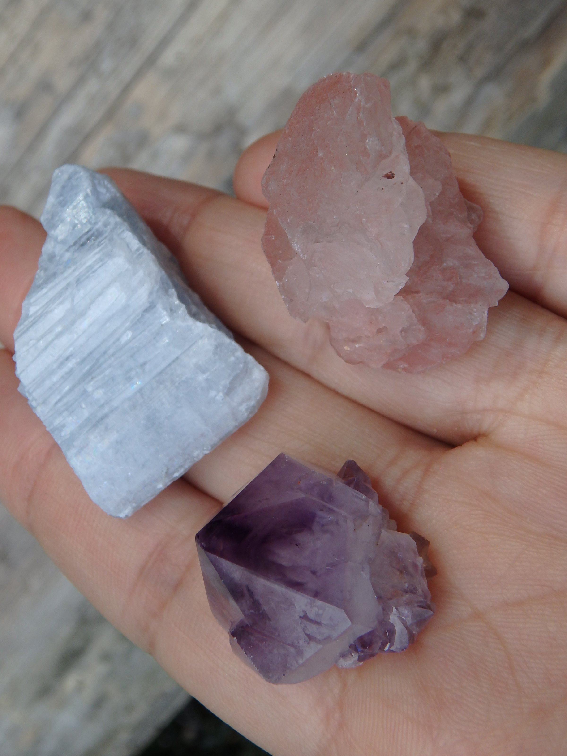 Crystal Set~Sweet Blue Ohio Celestite, Amethyst Star Point & Pink Nirvana Quartz Hand Held Stones - Earth Family Crystals