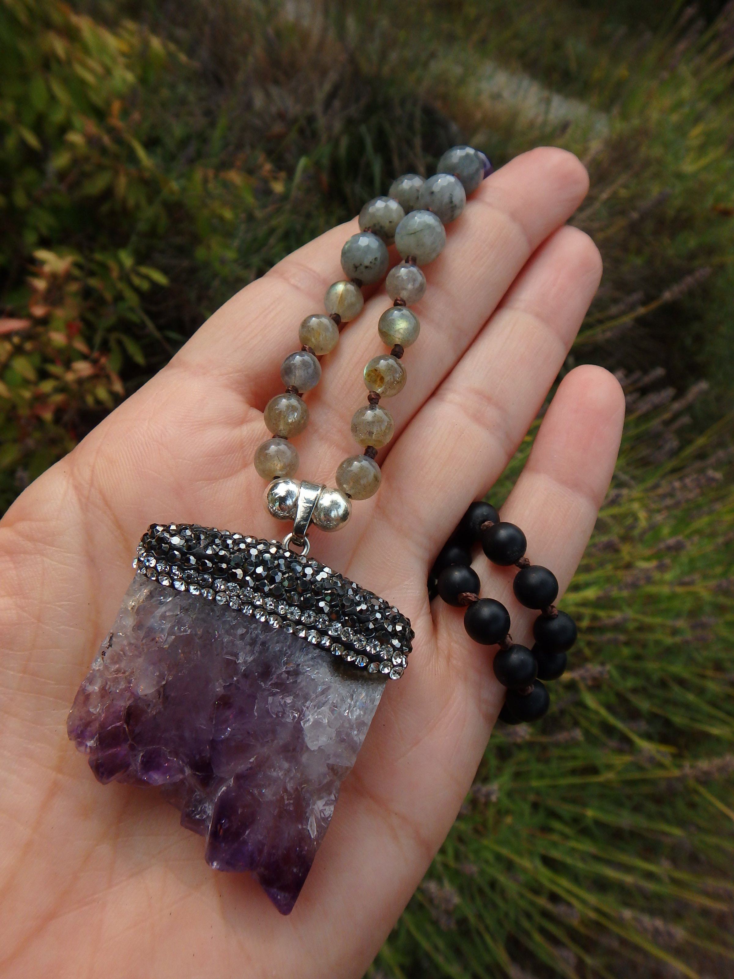 Beautiful Labradorite, Amethyst &  Obsidian Beads Long Necklace With Floating Amethyst Pendant - Earth Family Crystals