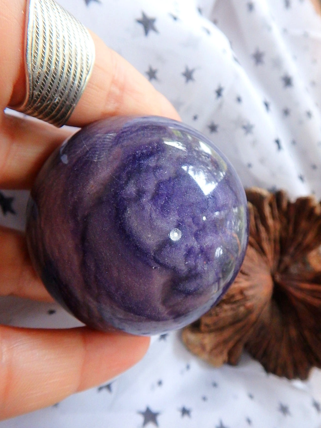 Unusual Grape Jelly Purple Waves Fluorite in Granite Sphere Carving 3 - Earth Family Crystals