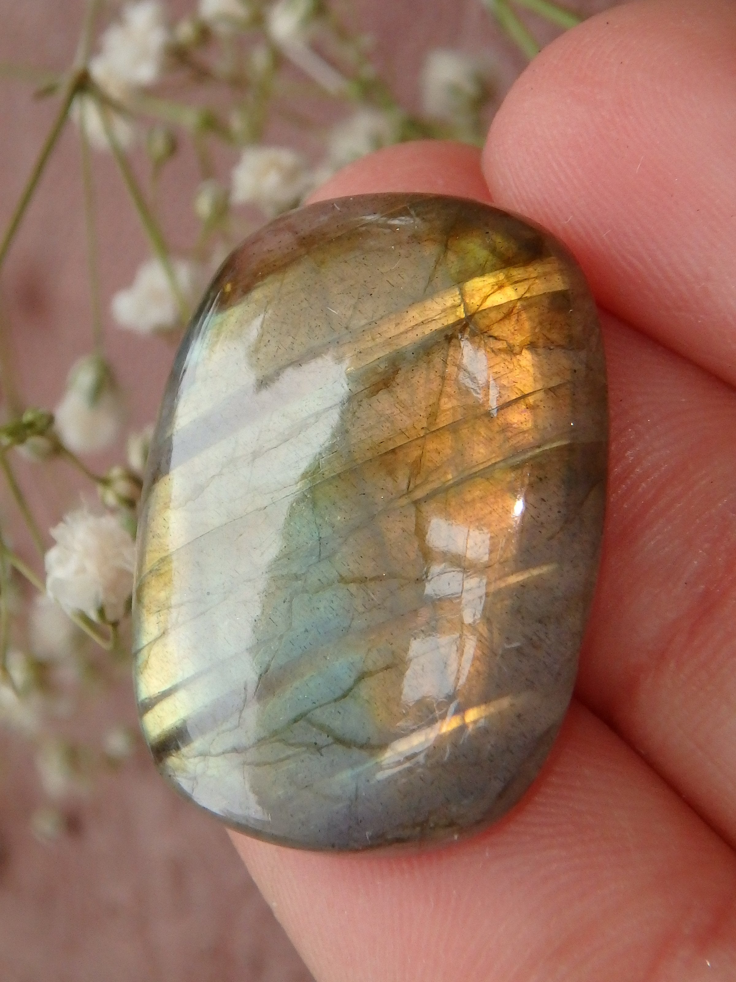 Ribbons & Peachy Gold Flash Labradorite Cabochon - Earth Family Crystals