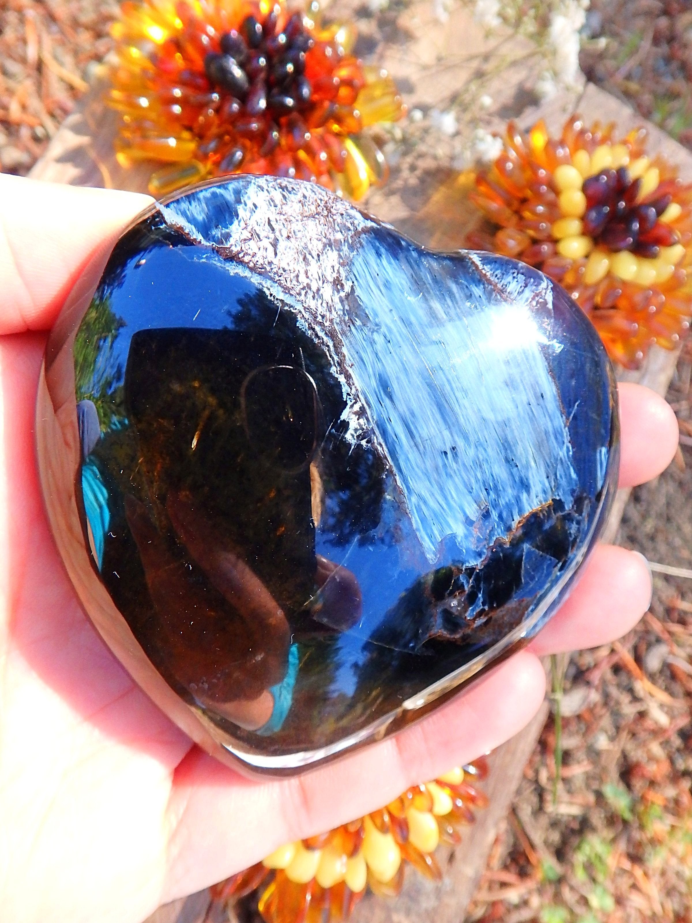 Silky Ribbons Blue Flash Pietersite Love Heart Carving - Earth Family Crystals