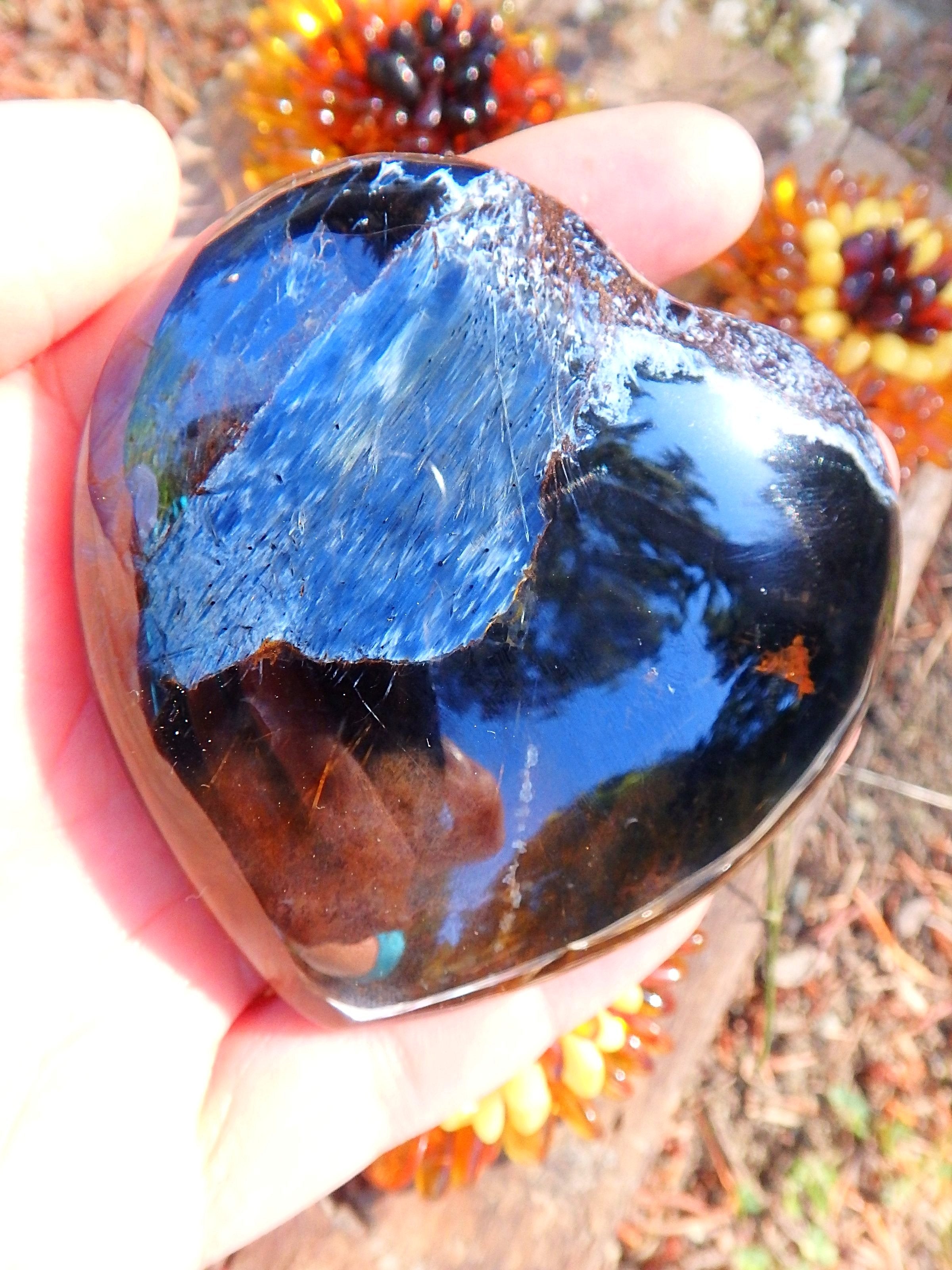 Silky Ribbons Blue Flash Pietersite Love Heart Carving - Earth Family Crystals