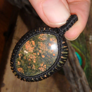 Salmon Pink & Forest Green Unakite Handmade Macrame Pendant