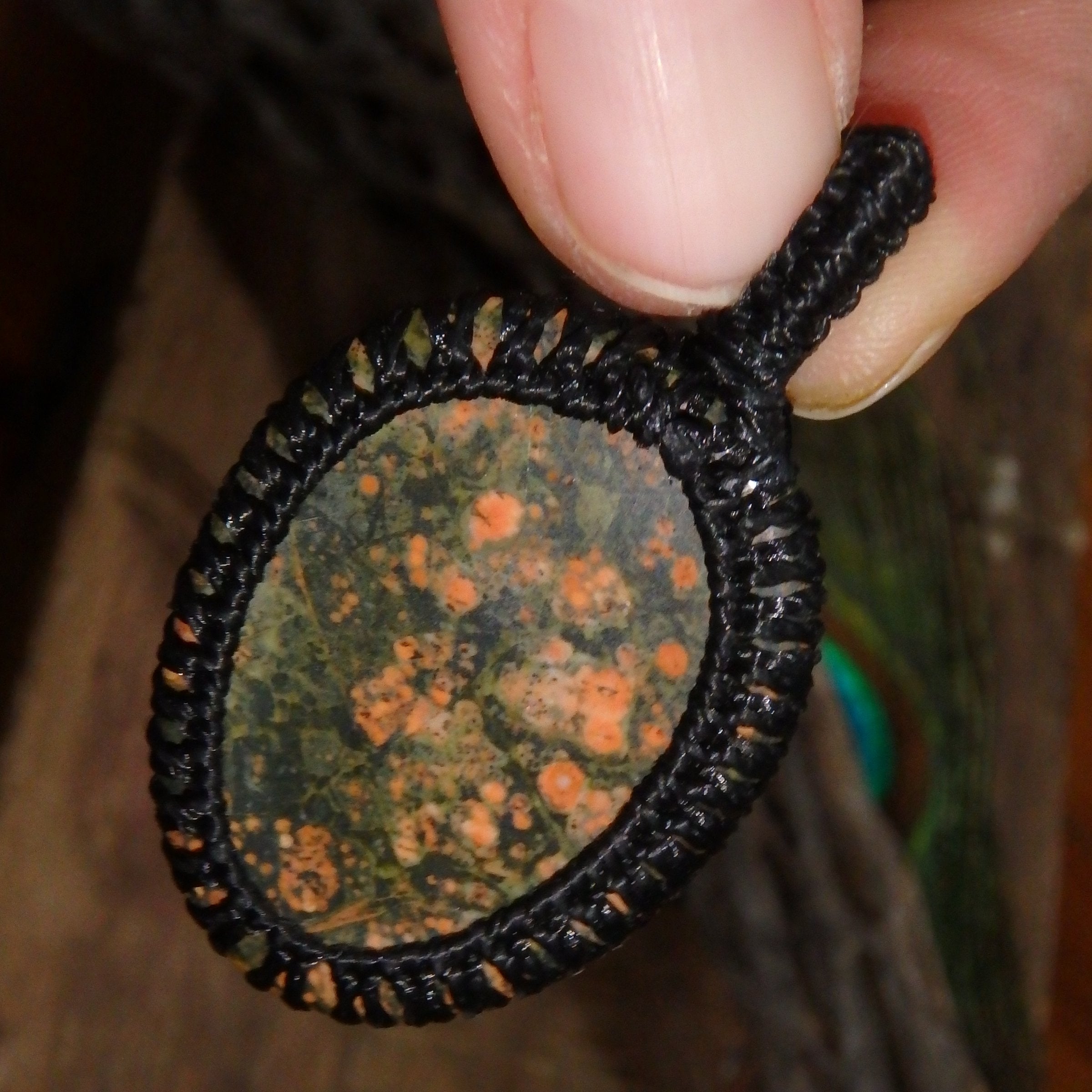 Salmon Pink & Forest Green Unakite Handmade Macrame Pendant