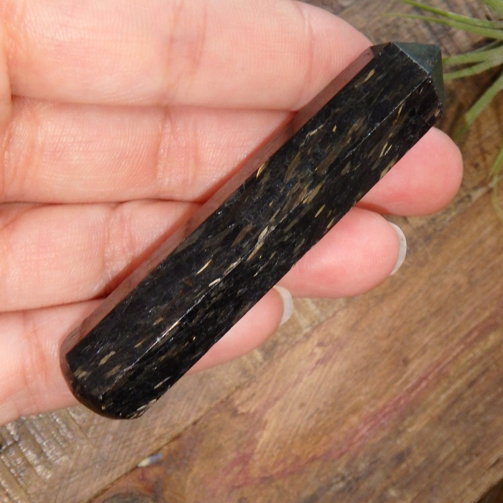 Genuine Greenland Nuummite With Lightening Flashes of Mysterious Color Wand Carving 3 - Earth Family Crystals