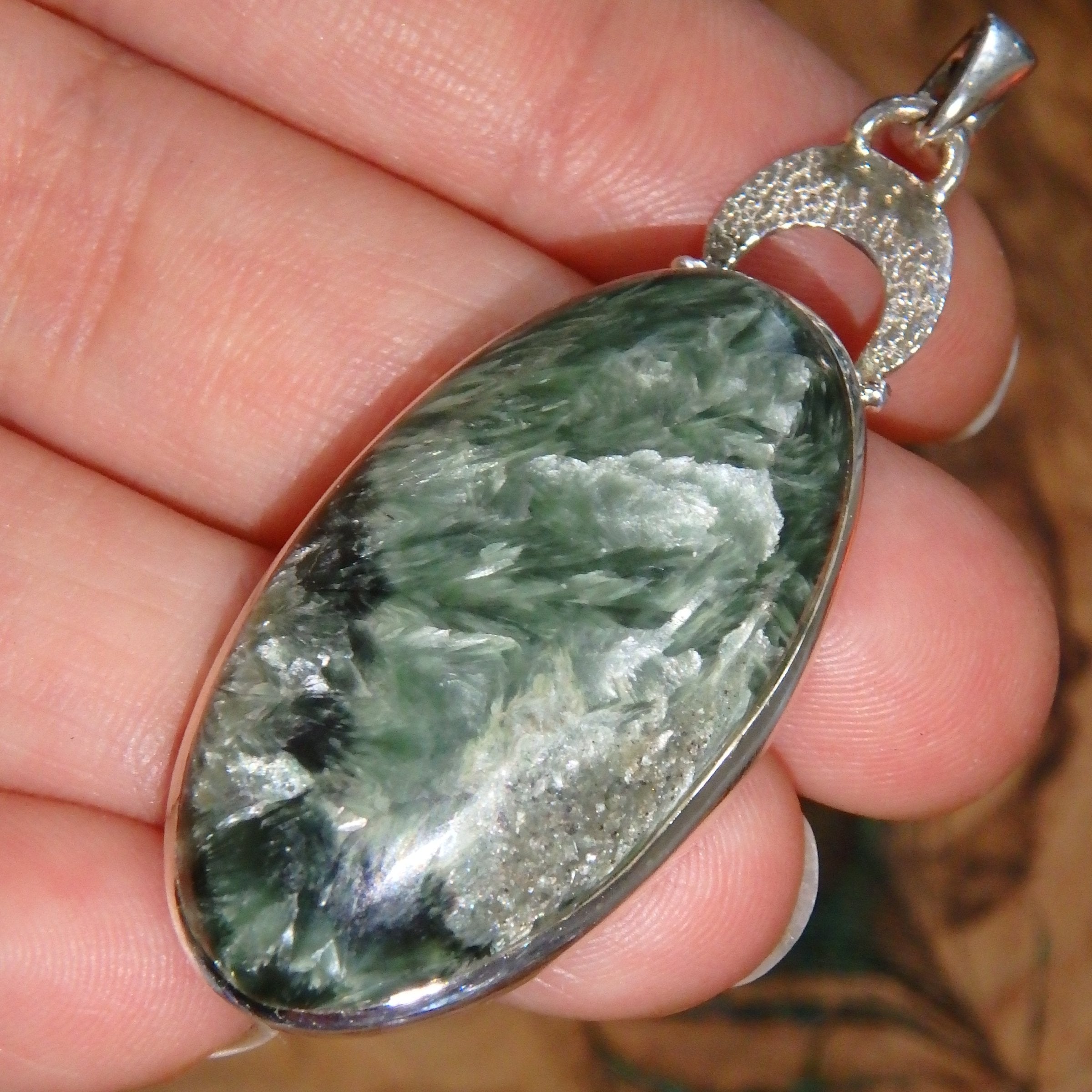 Feathery Silver Inclusions Seraphinite Sterling Silver Pendant (Includes Silver Chain) - Earth Family Crystals