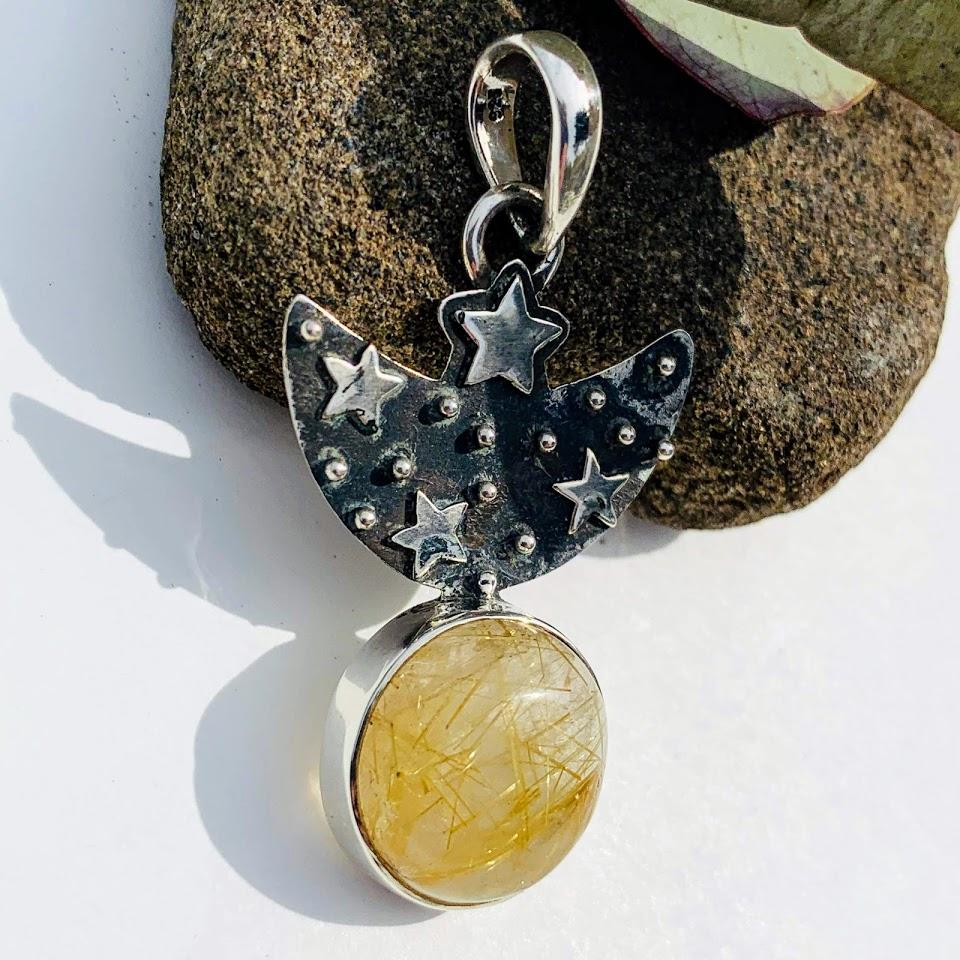 Trendy Crescent Moon & Stars Golden Rutilated Quartz Oxidized Sterling Silver Pendant (Includes Silver Chain) - Earth Family Crystals