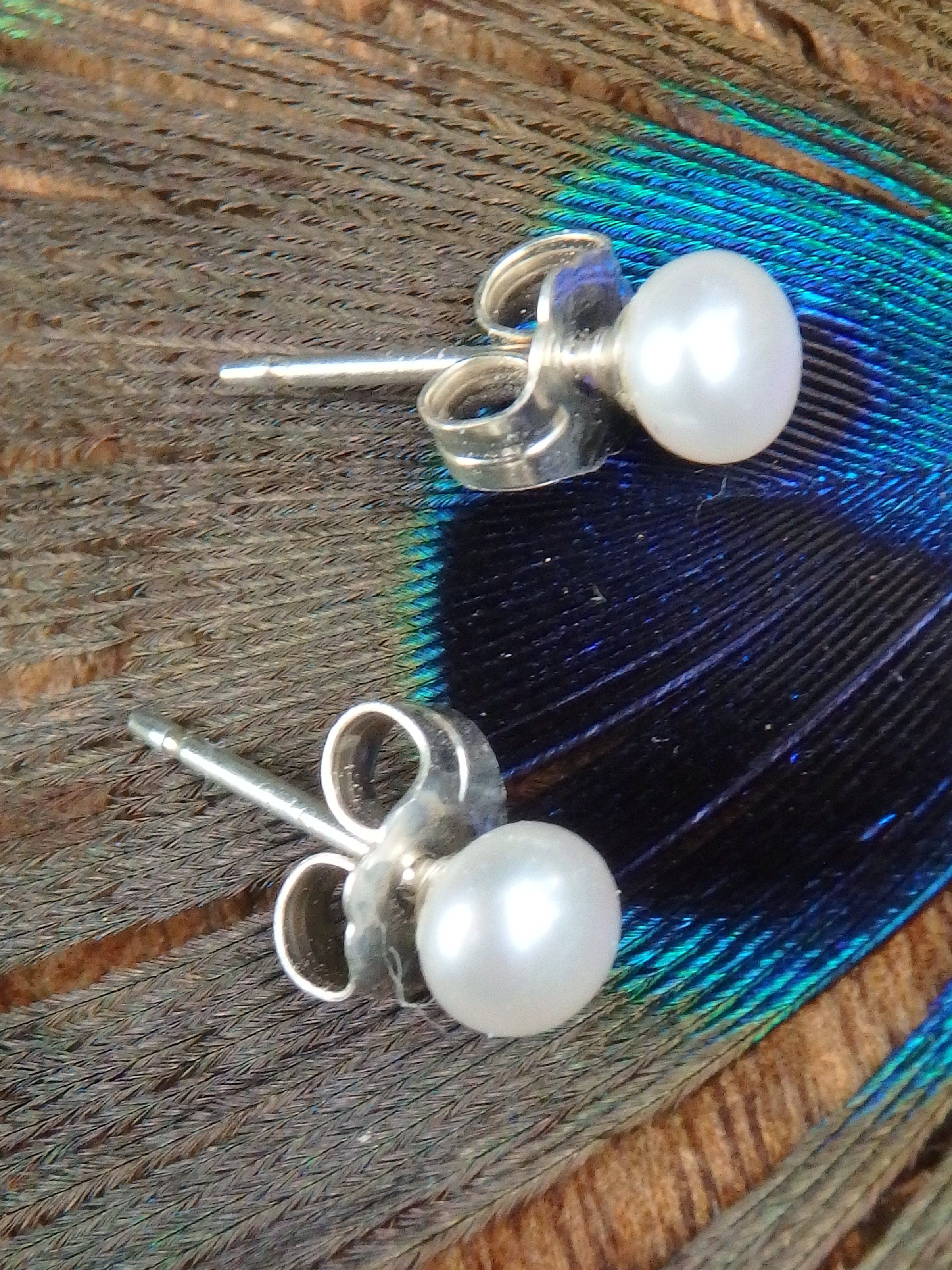 Dainty White Pearl Sterling Silver Studs - Earth Family Crystals