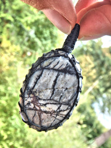 Grey & Black Patterns Picasso Jasper  Macrame Wrapped Pendant - Earth Family Crystals