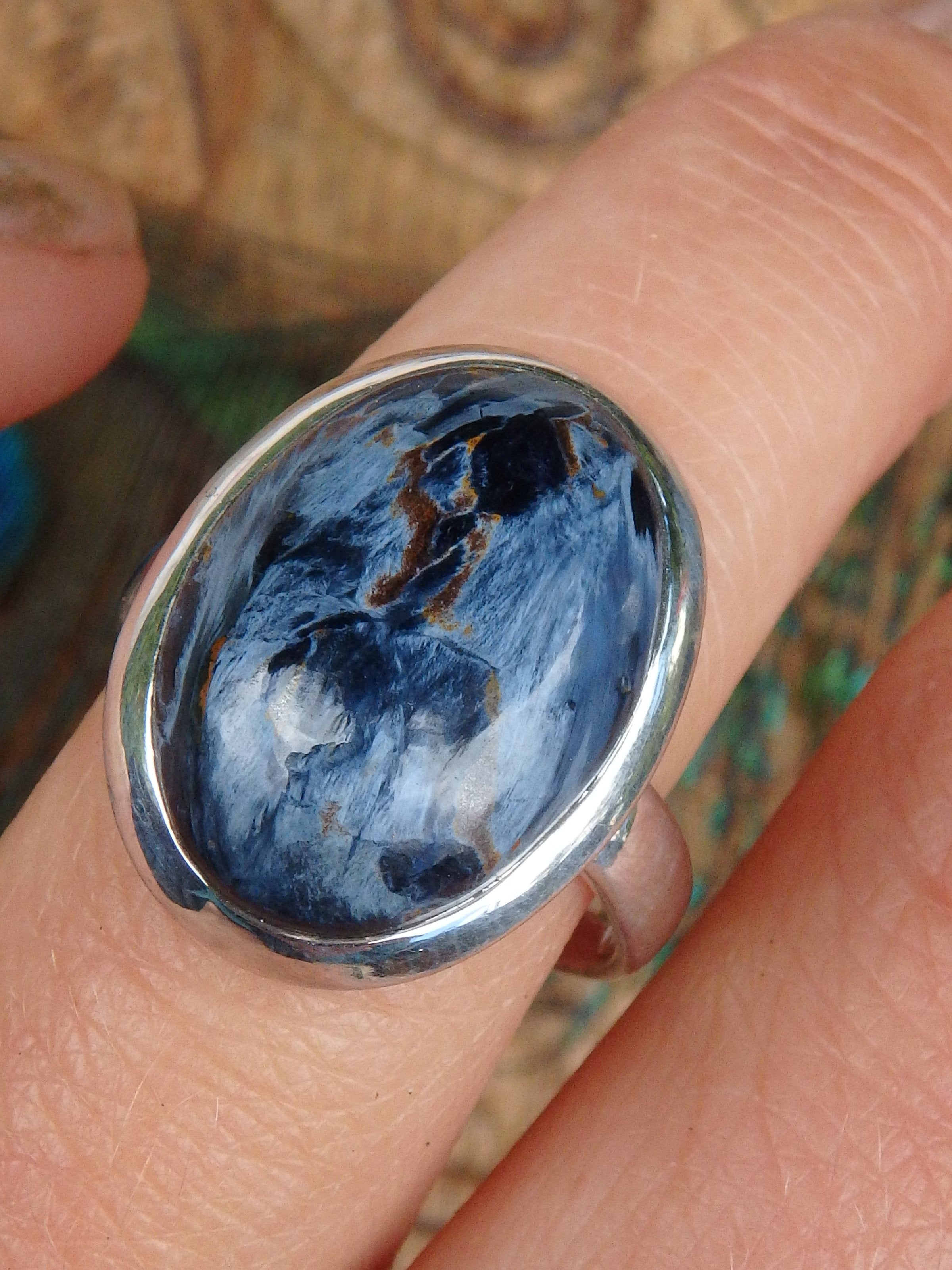 Patterns of Silky Blue Swirls Pietersite Ring in Sterling Silver (Size 8) - Earth Family Crystals