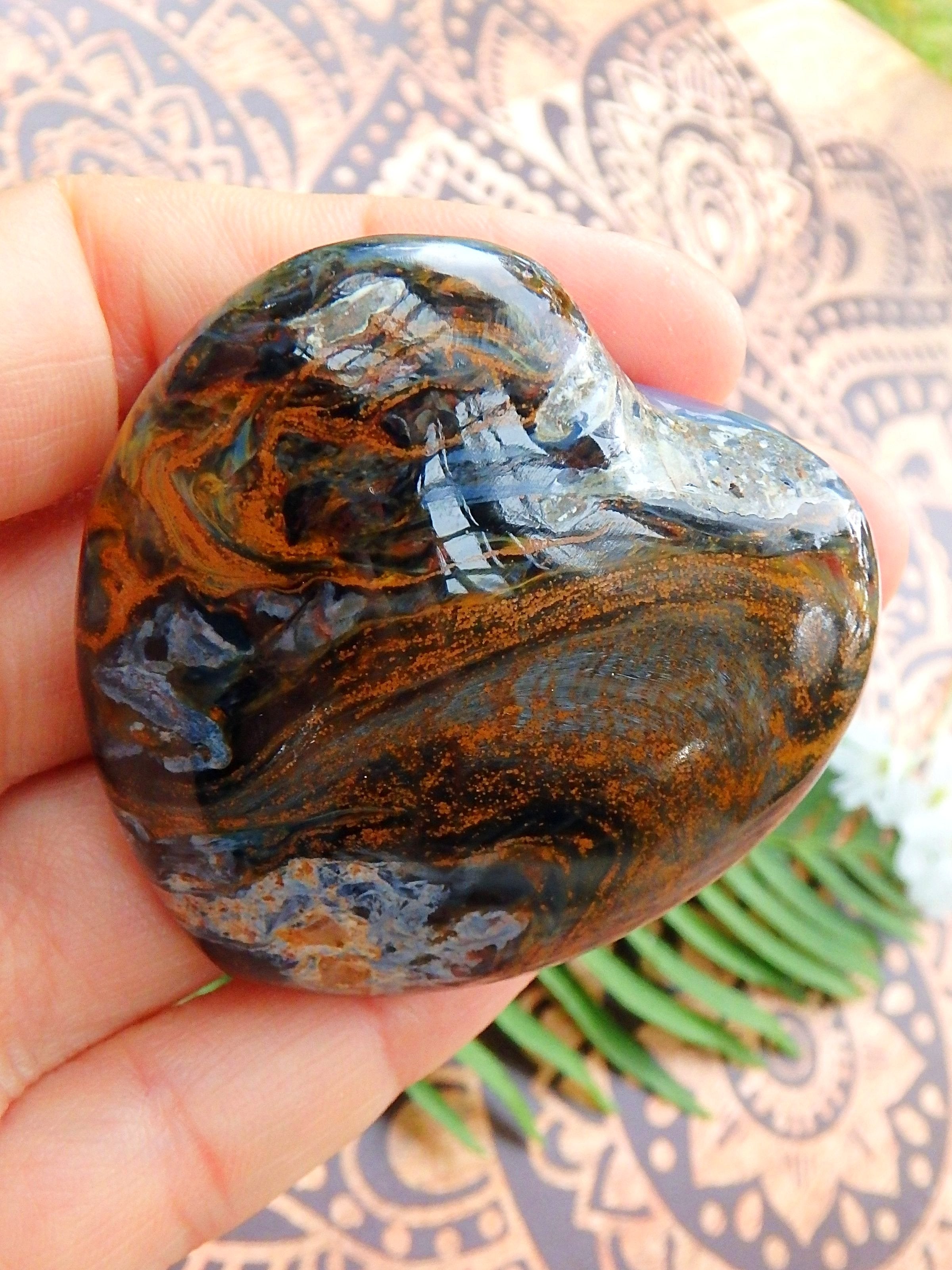 Stormy Swirls of Golden & Silk Blue Pietersite Heart Carving