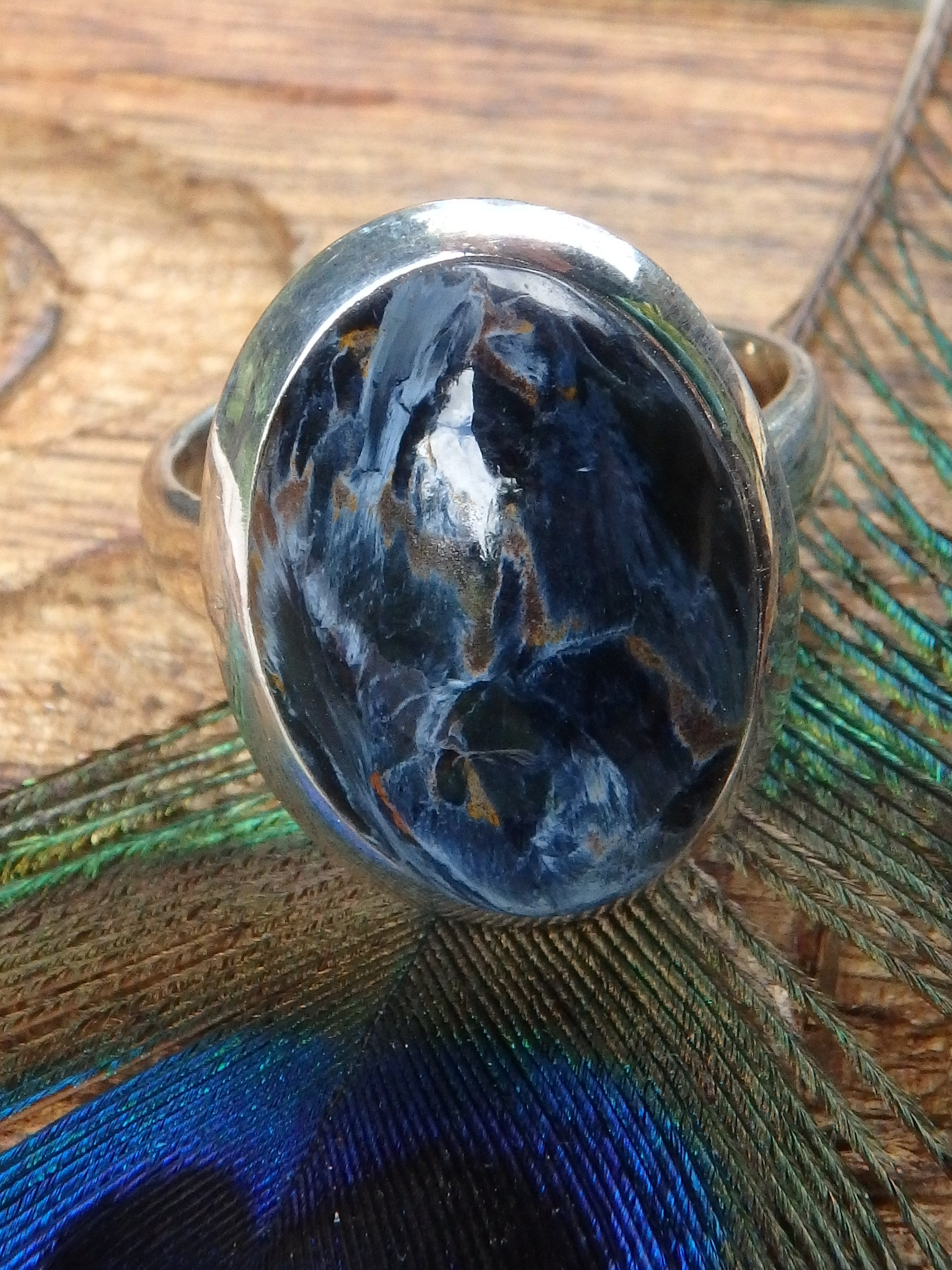 Patterns of Silky Blue Swirls Pietersite Ring in Sterling Silver (Size 8) - Earth Family Crystals